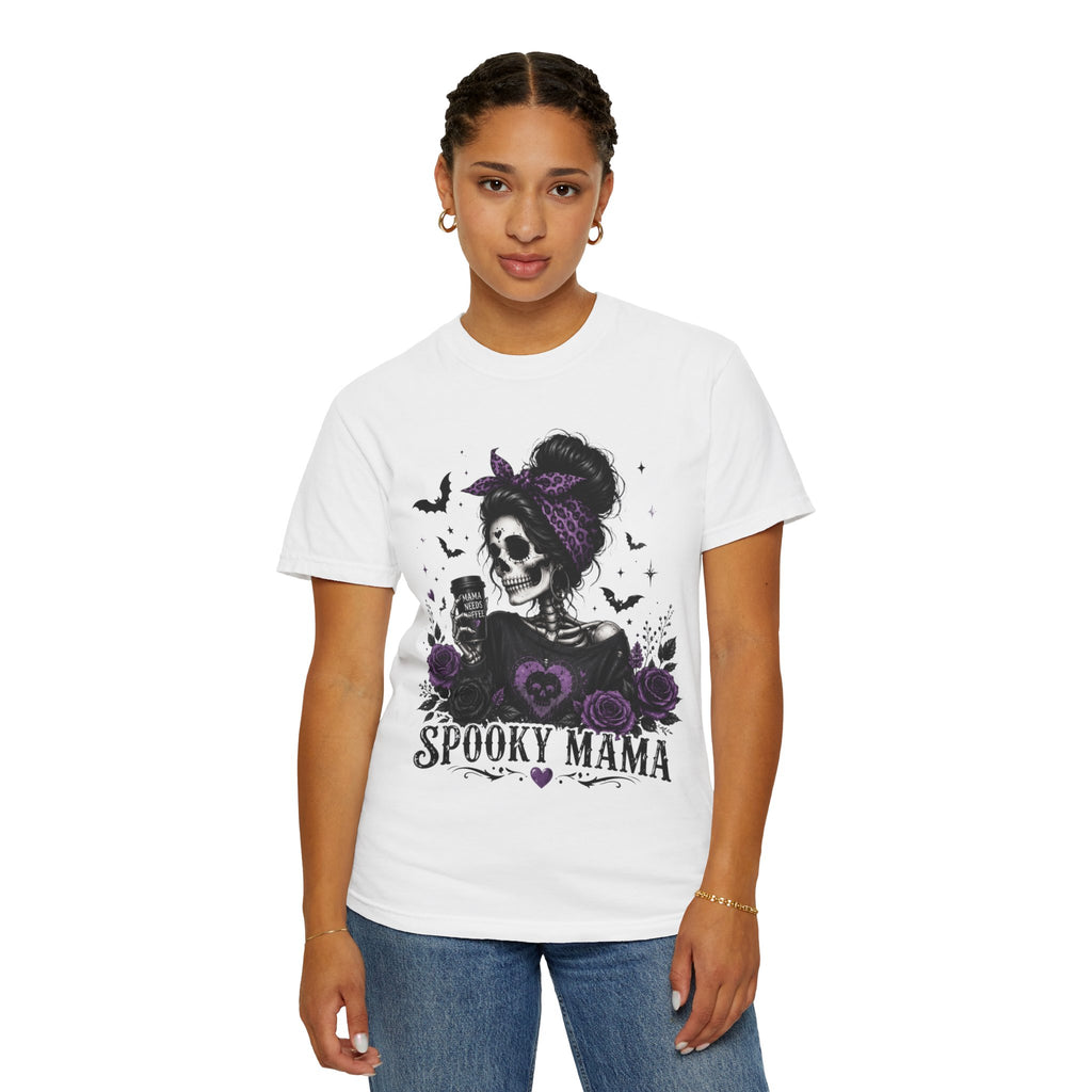 Spooky Mama T-Shirt — Gothic Skull  and Bats Mom Tee with Purple Roses. Midnight Eye, LLC. 