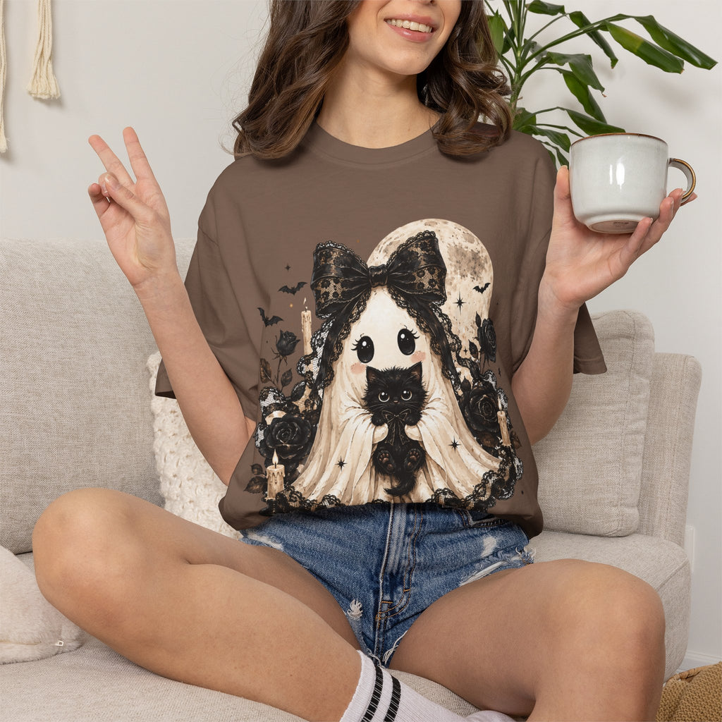 Halloween Gothic Girl Ghost with Black Cat T-Shirt - Whimsy Goth Halloween Tee