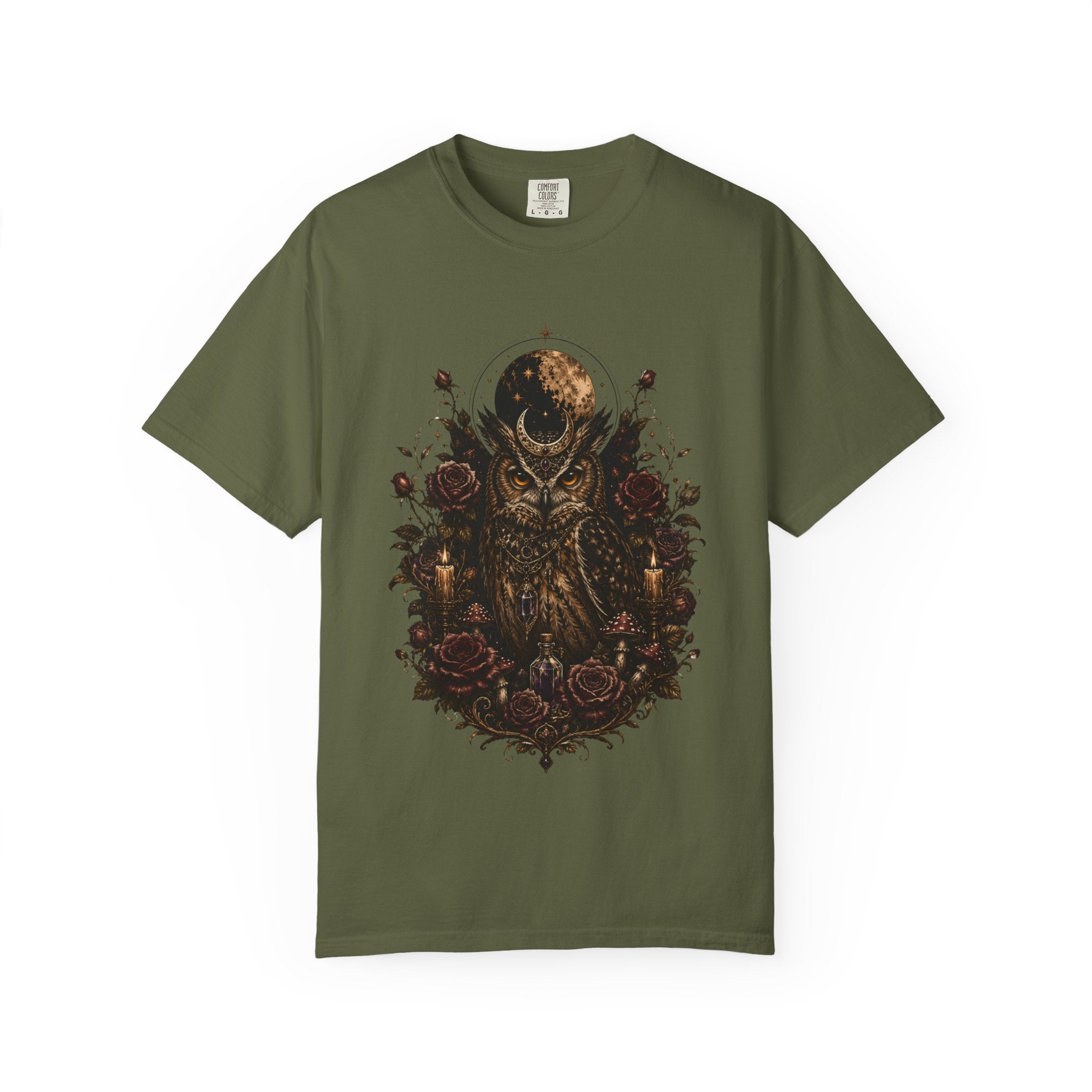Owl Moon Graphic T-Shirt — Gothic Owl with Roses