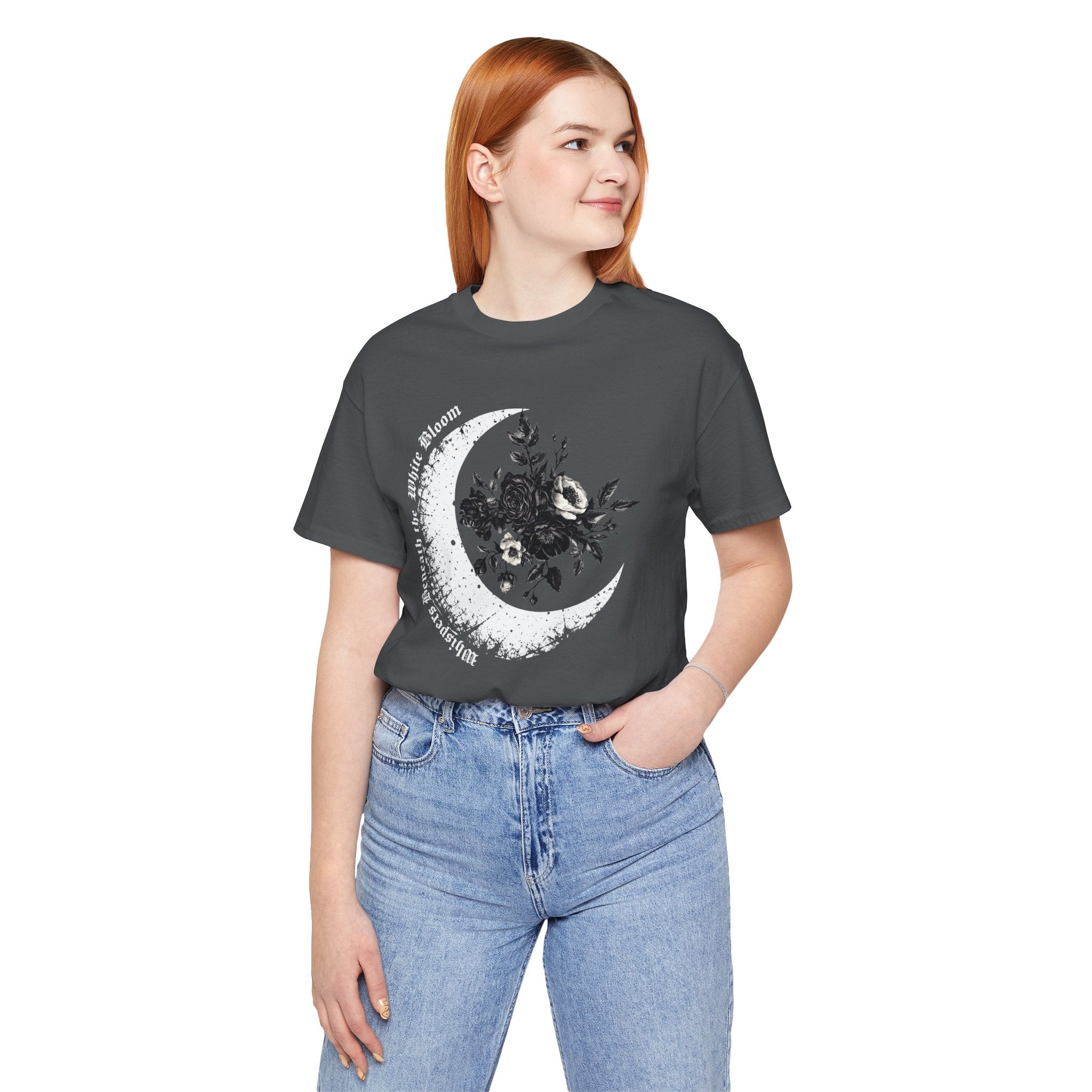 Moonflower Moon Tee — Floral Crescent Moon Graphic T-Shirt - Gothic Moon & Flowers Tee