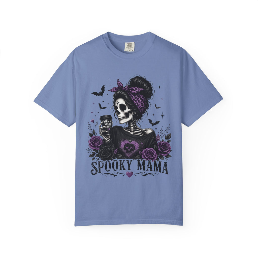 Spooky Mama T-Shirt — Gothic Skull  and Bats Mom Tee with Purple Roses. Midnight Eye, LLC. 