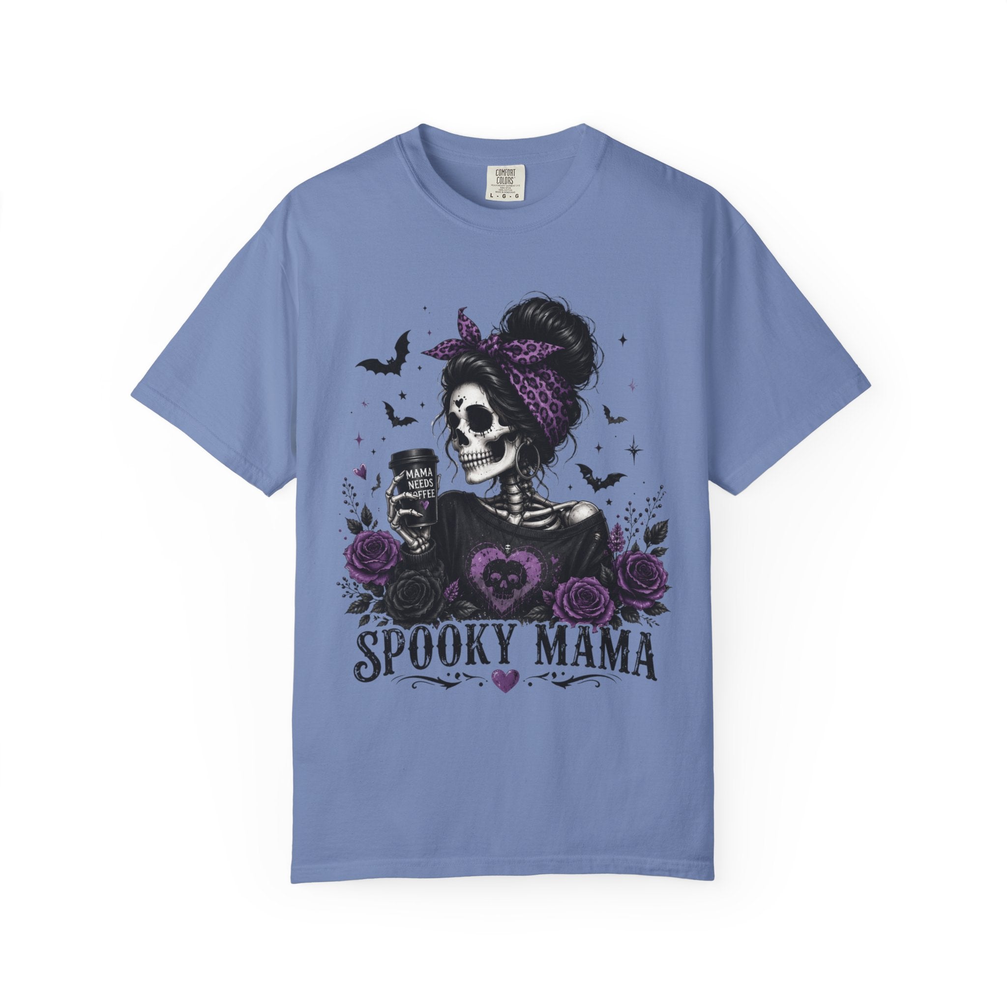 Spooky Mama T-Shirt — Gothic Skull  and Bats Mom Tee with Purple Roses. Midnight Eye, LLC. 
