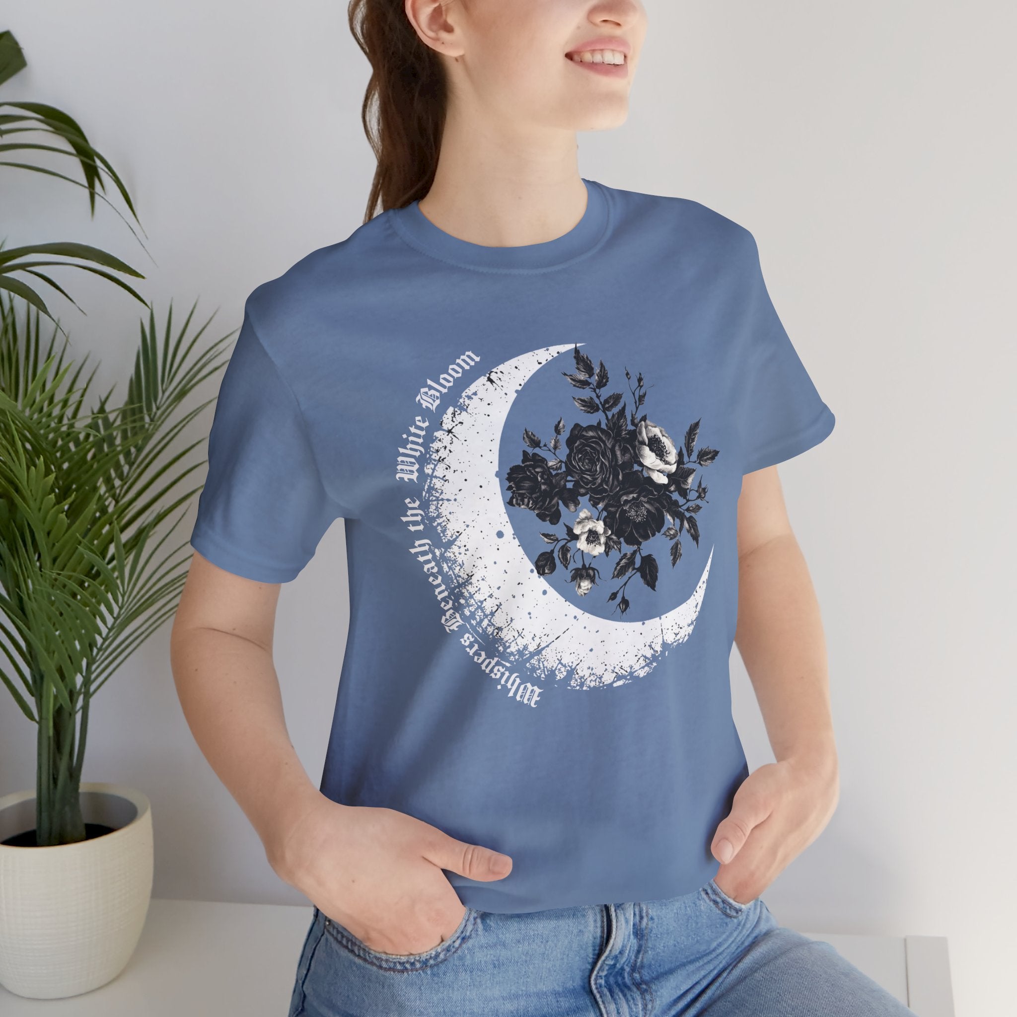 Moonflower Moon Tee — Floral Crescent Moon Graphic T-Shirt - Gothic Moon & Flowers Tee