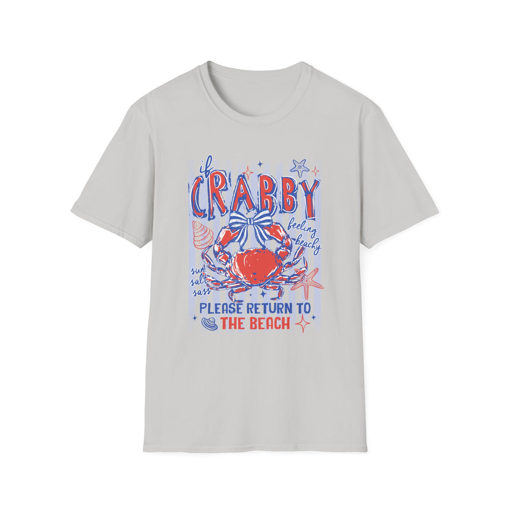 Crabby Beach T-Shirt — "If Crabby, Please Return to the Beach" Funny Summer Tee. Midnight Eye LLC.
