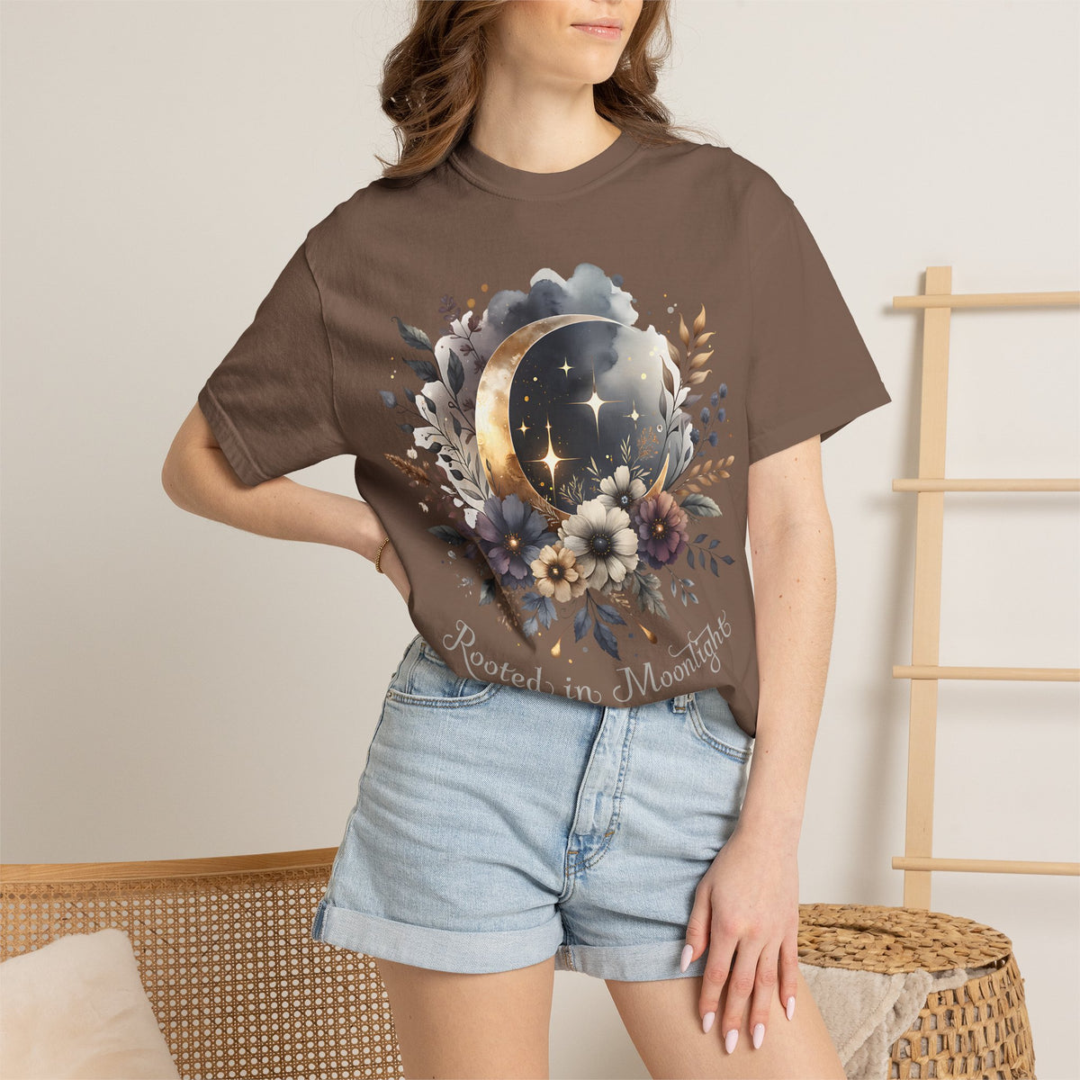 Moonlight Blooms T-Shirt — 'Rooted in Moonlight' Floral Crescent Moon Tee. Midnight Eye, LLC