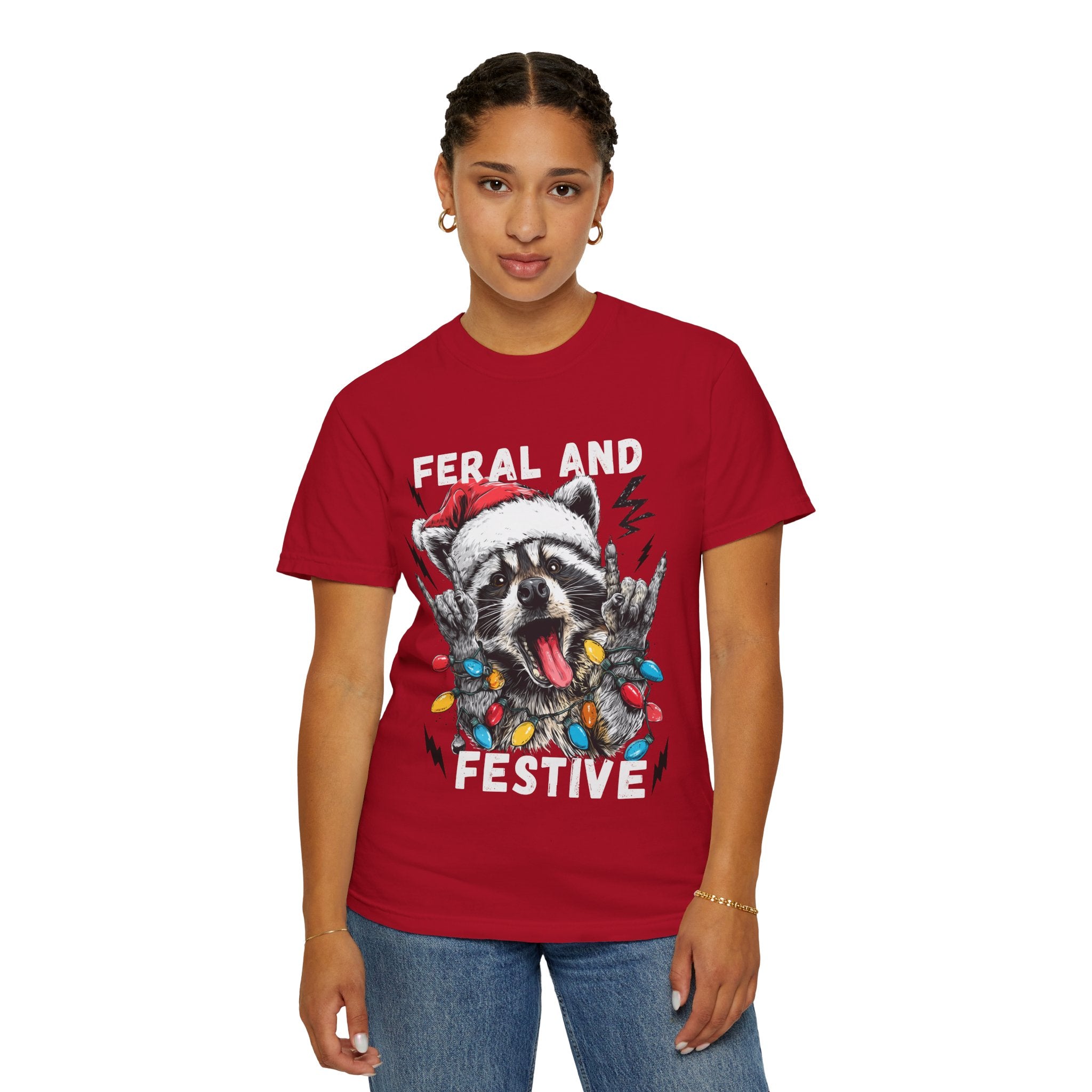 Feral and Festive Funny Raccoon Christmas T-Shirt - Racoon Graphic T-Shirt