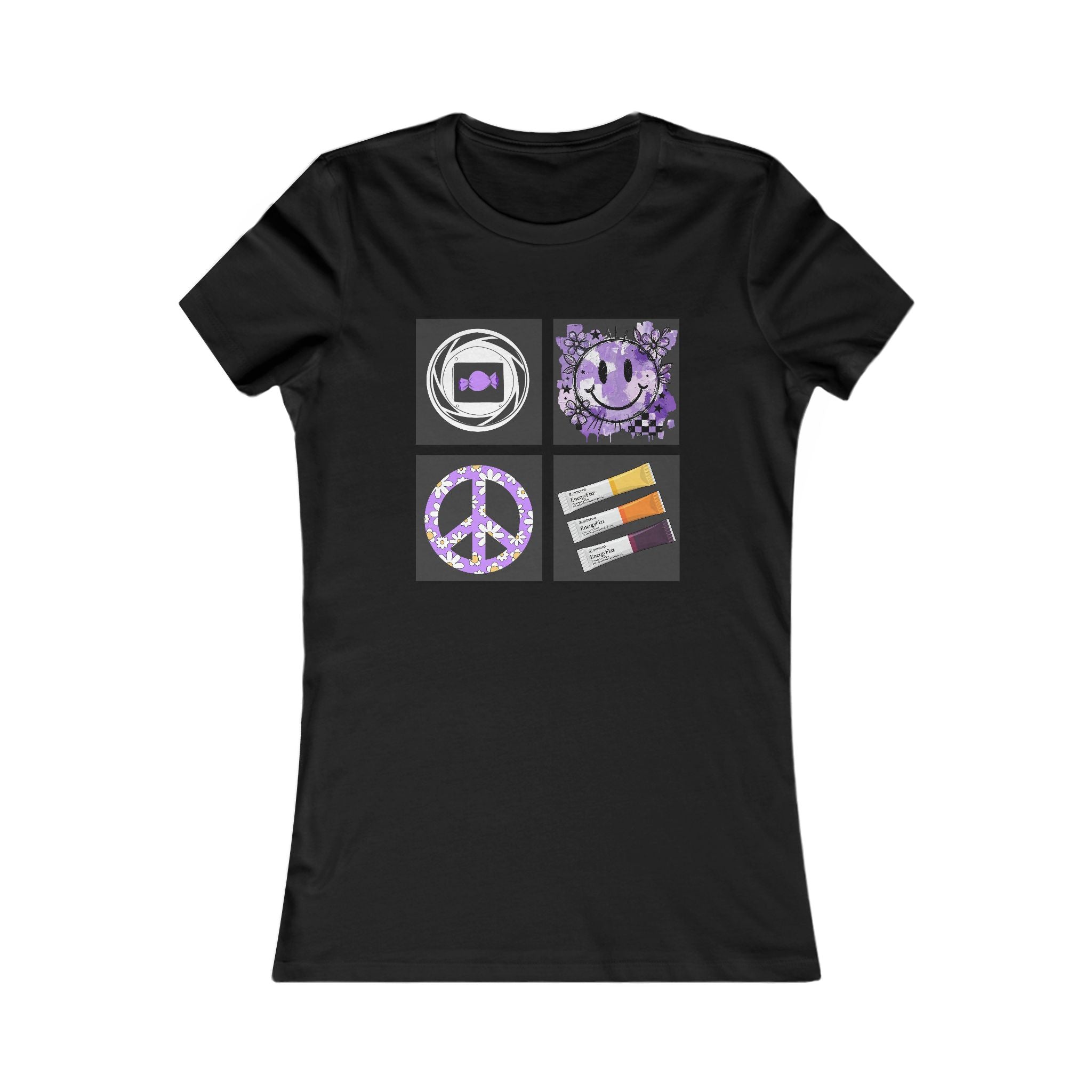 Women's Tee — Retro Purple Icons: Smiley, Peace Sign & Cassette Graphic