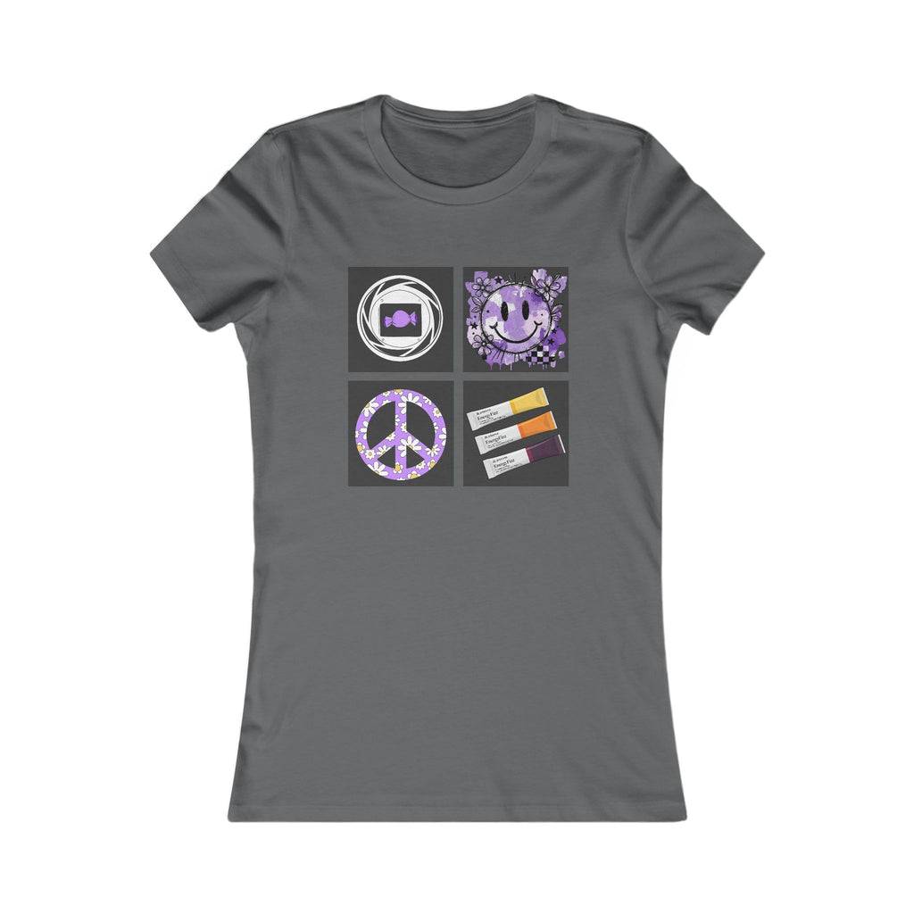 Women's Tee — Retro Purple Icons: Smiley, Peace Sign & Cassette Graphic