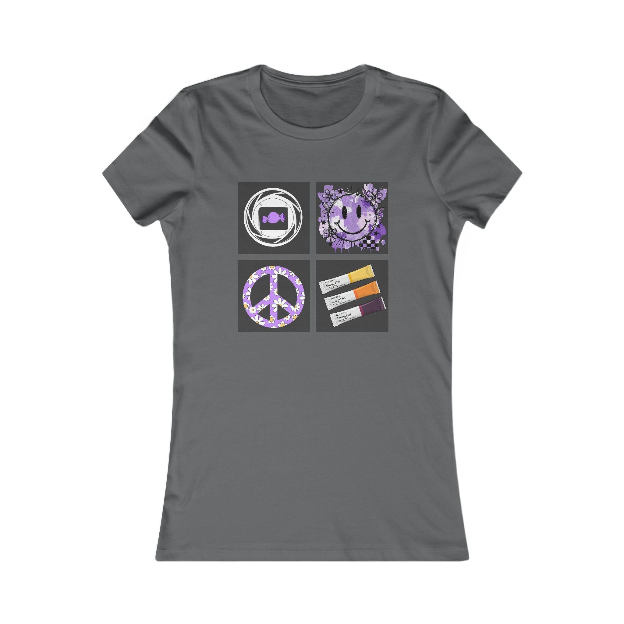 Women's Tee — Retro Purple Icons: Smiley, Peace Sign & Cassette Graphic