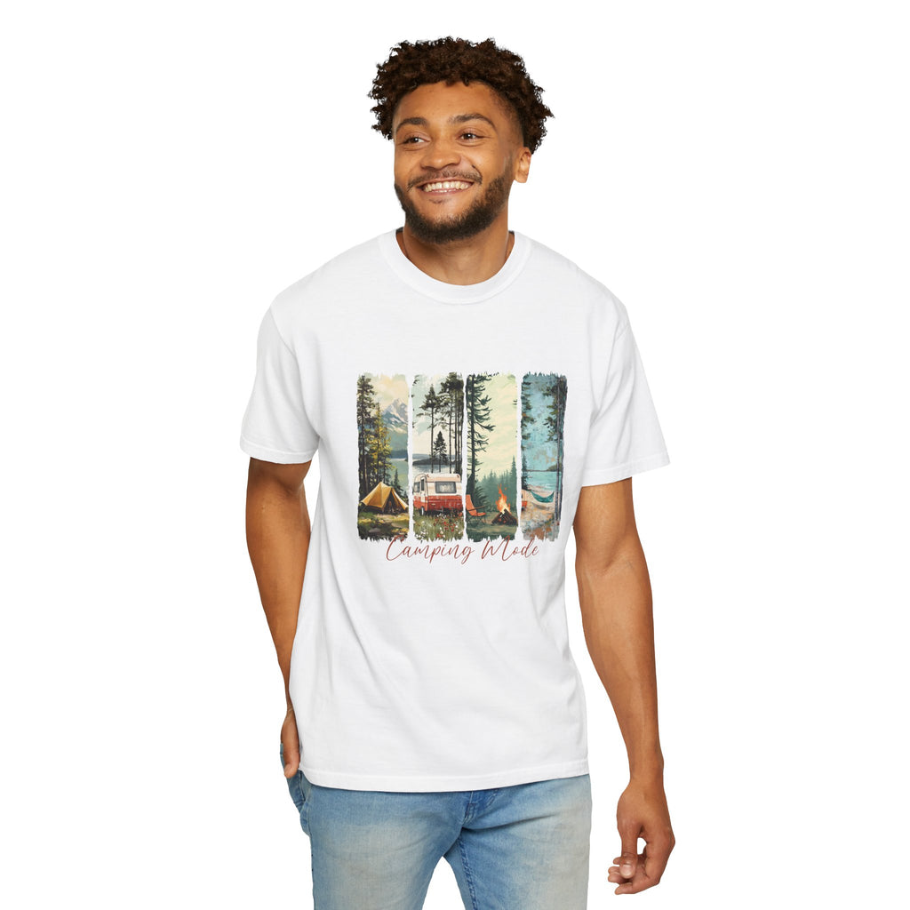 Camping Vibes T-Shirt — 'Camping Mode' Scenic Camper Retro Graphic Tee - Family Adventure Tee - Outdoor Tee - Midnight Eye, LLC
