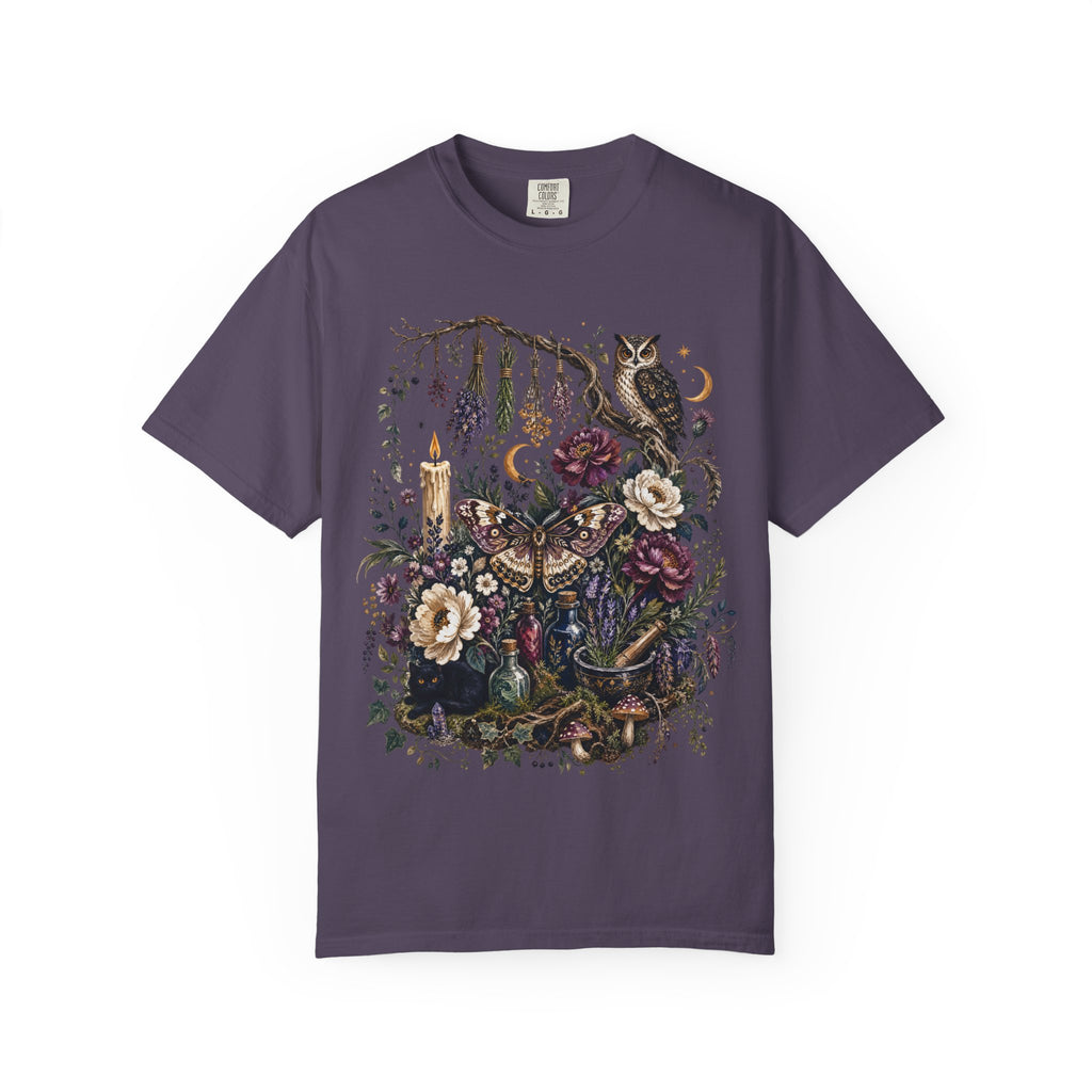 Mystical Forest Owl T-Shirt — Botanical Witchy Moonlight Art Tee, Midnight Eye, LLC