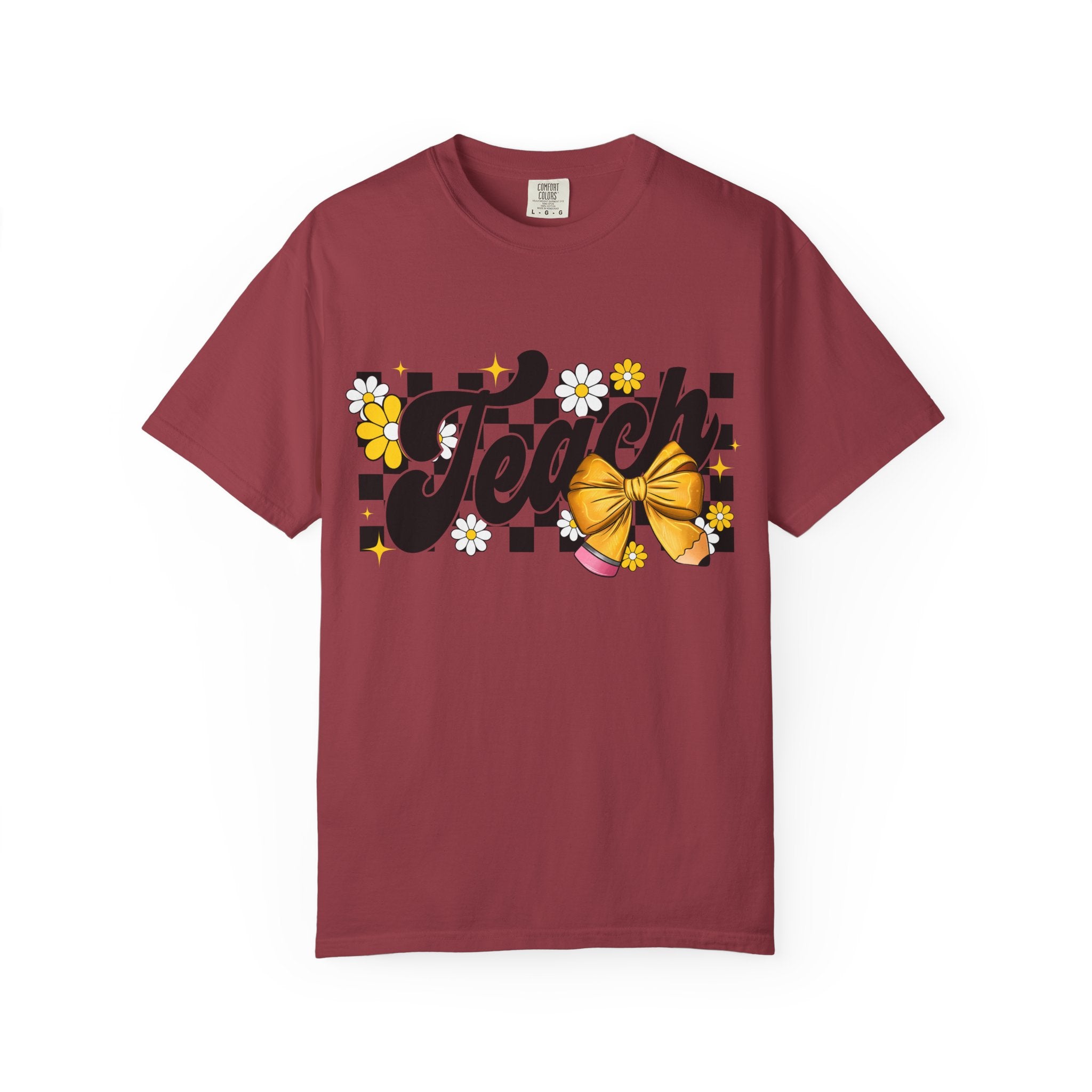 Teacher Floral Bow T-Shirt — 'Teach' Checkerboard Design