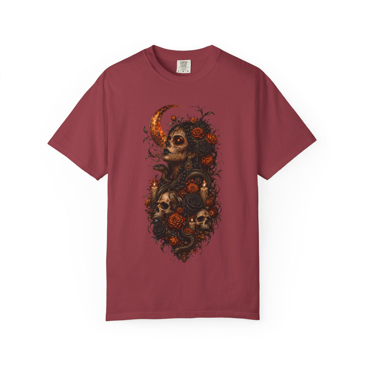 Skull & Rose Moon Tee — Gothic Floral Graphic T-Shirt - Day of the Dead Tee. Midnight Eye, LLC