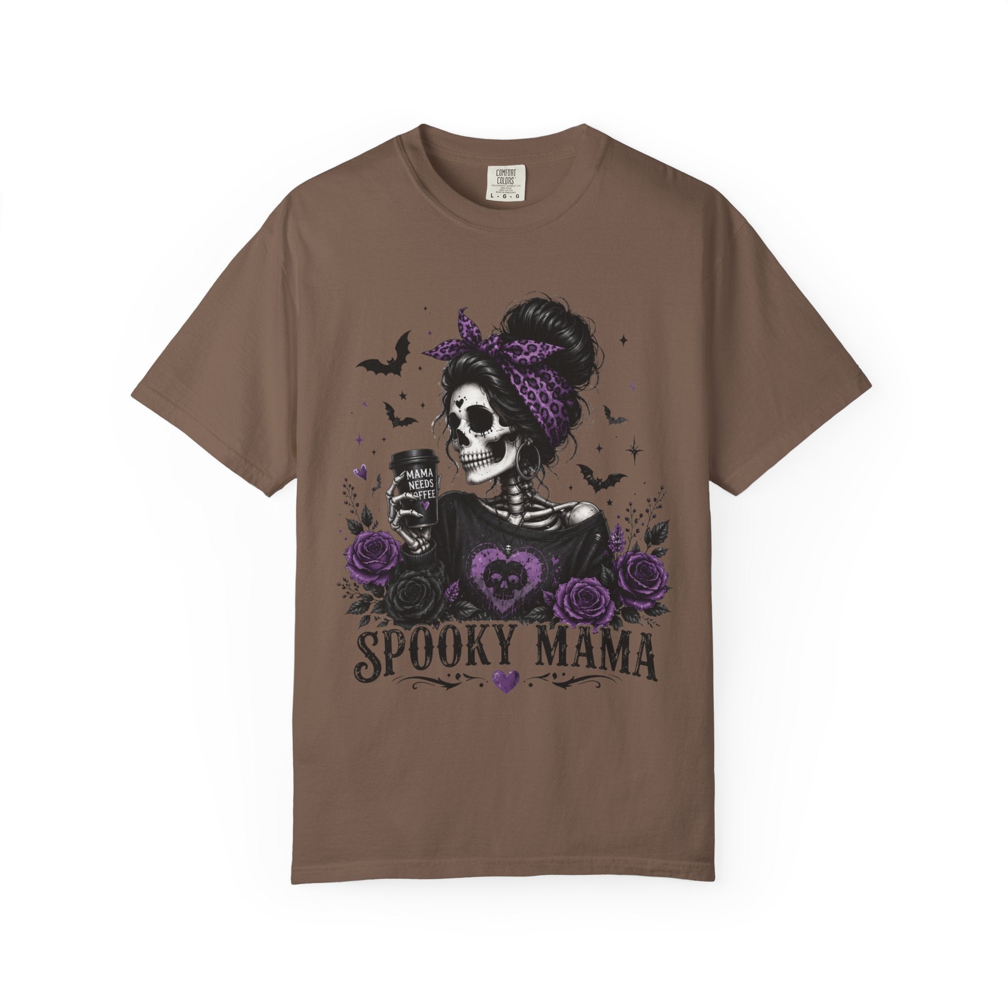Spooky Mama T-Shirt — Gothic Skull  and Bats Mom Tee with Purple Roses. Midnight Eye, LLC. 