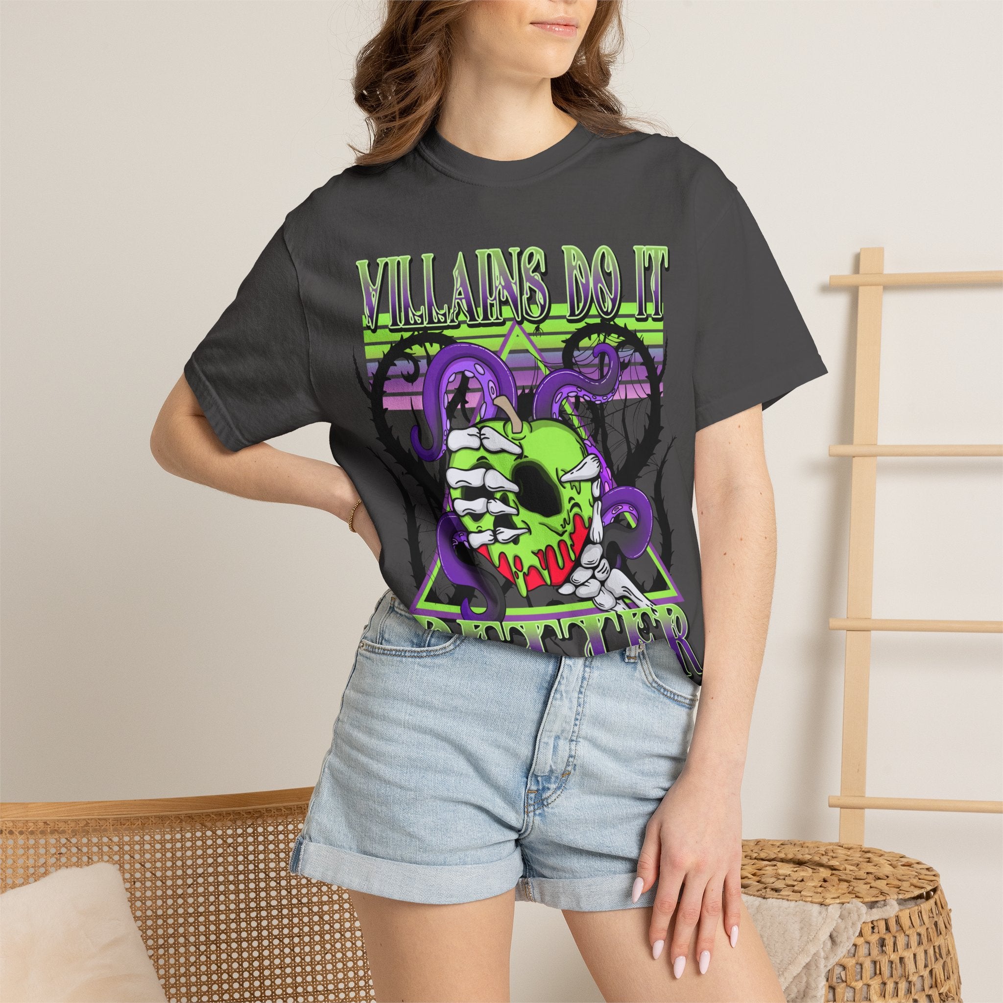 Villains Do It Better Graphic T-Shirt — Neon Monster Skull Tee. Midnight Eye, LLC