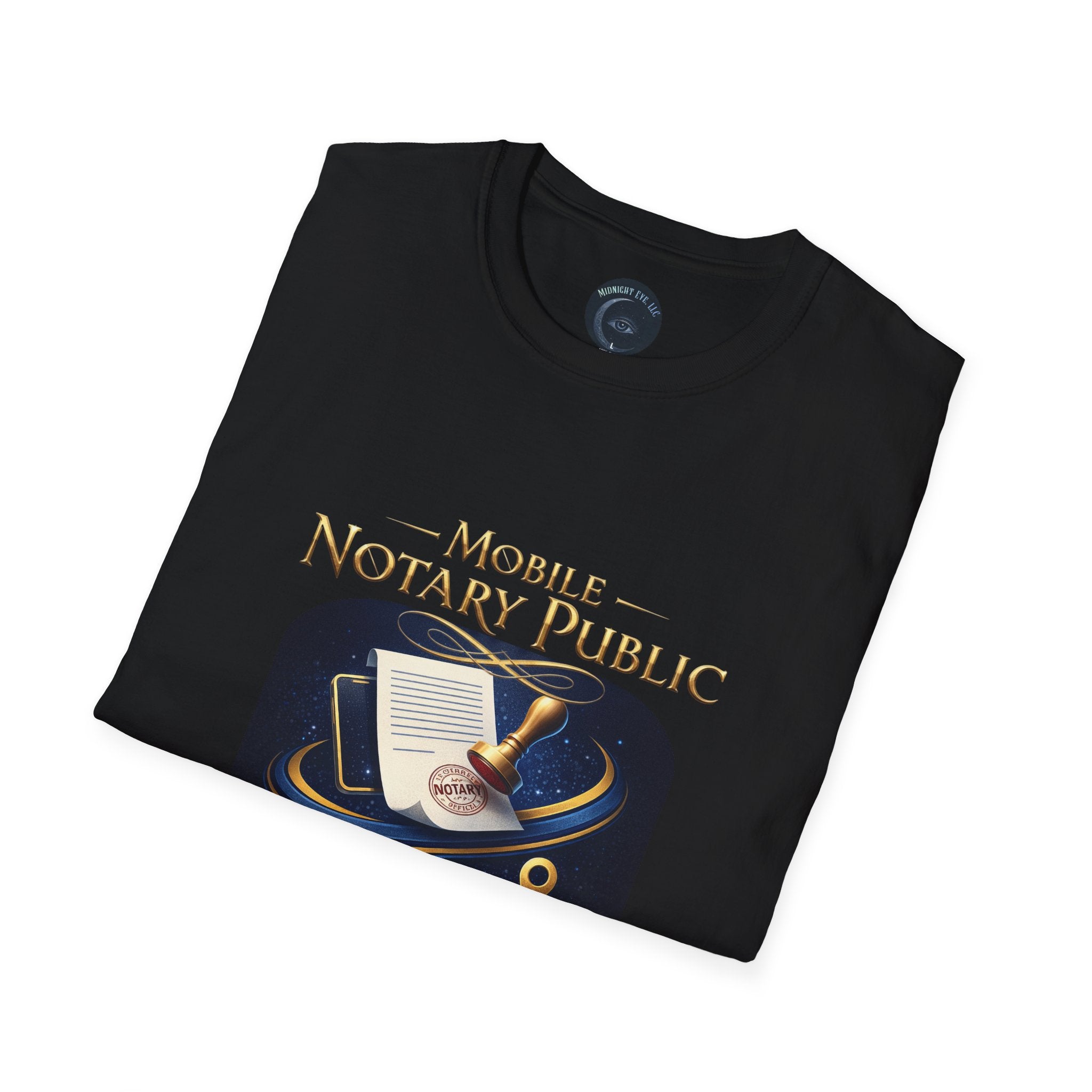 Black t-shirt with 'Mobile Notary Public' design on a white background