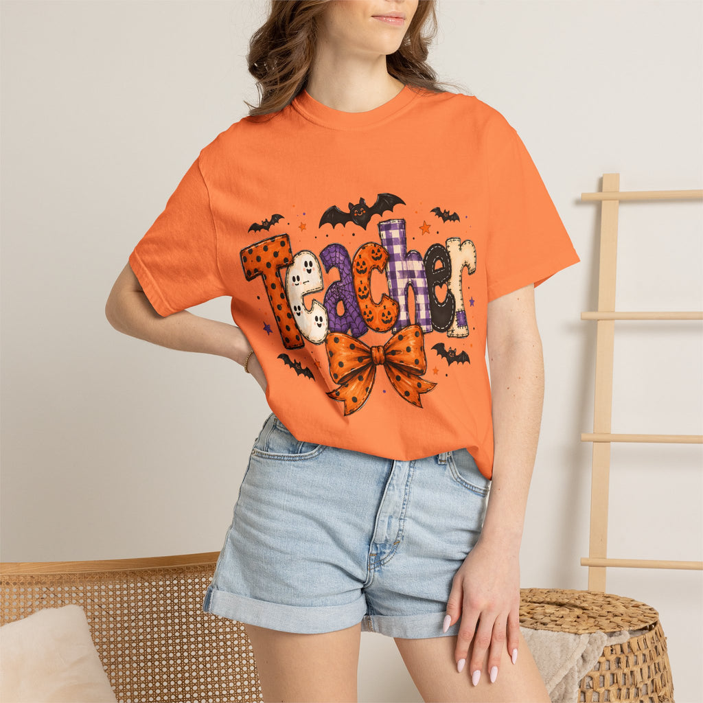 Teacher Halloween T-Shirt — Cute Spooky 'Teacher' Design with Bats & Bow. Midnight Eye, LLC