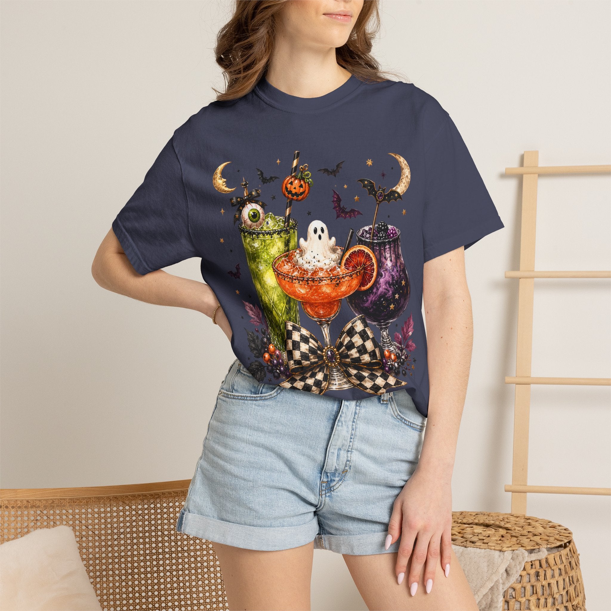 Halloween Cocktail T-Shirt — Spooky Drinks, Cute Bats & Pumpkins. Midnight Eye, LLC