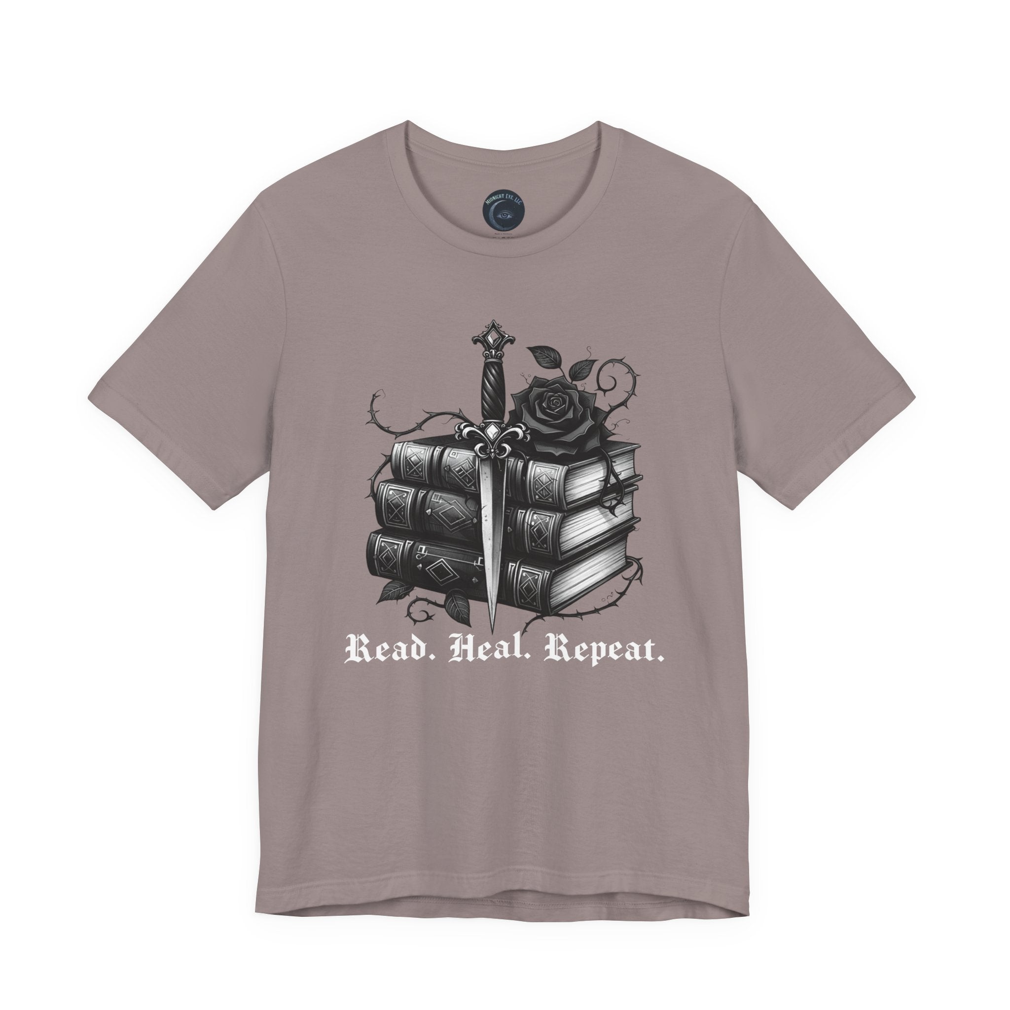 Read. Heal. Repeat. Gothic Book, Rose & Dagger T-Shirt. Books Tee. Midnight Eye, LLC.