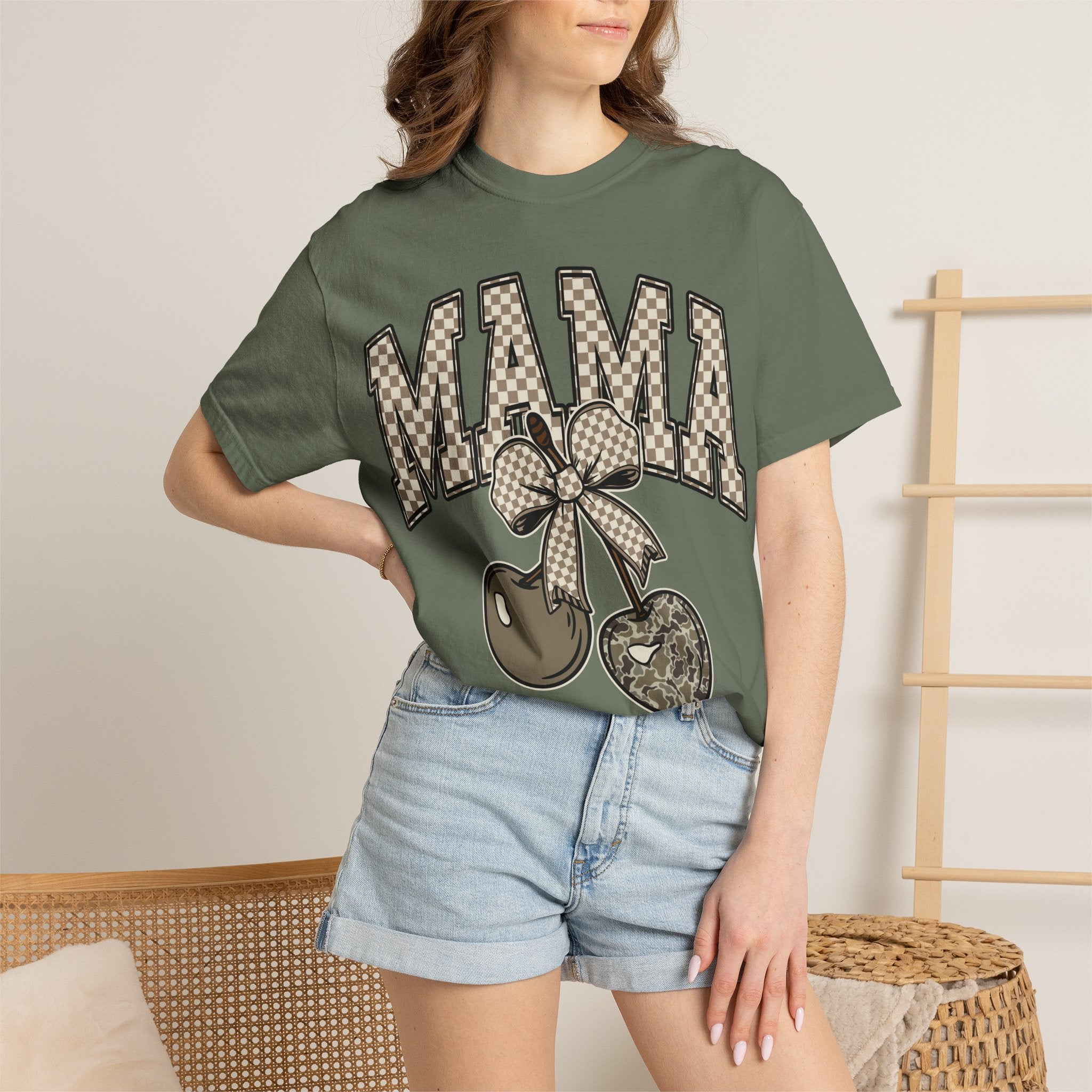 Mama Cherry Graphic T-Shirt — Retro Checkerboard Cherry Design. Midnight Eye, LLC