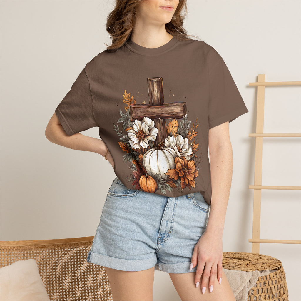Faithful Fall Cross T-Shirt — Pumpkin & Floral Autumn Christian Tee. Midnight Eye, LLC