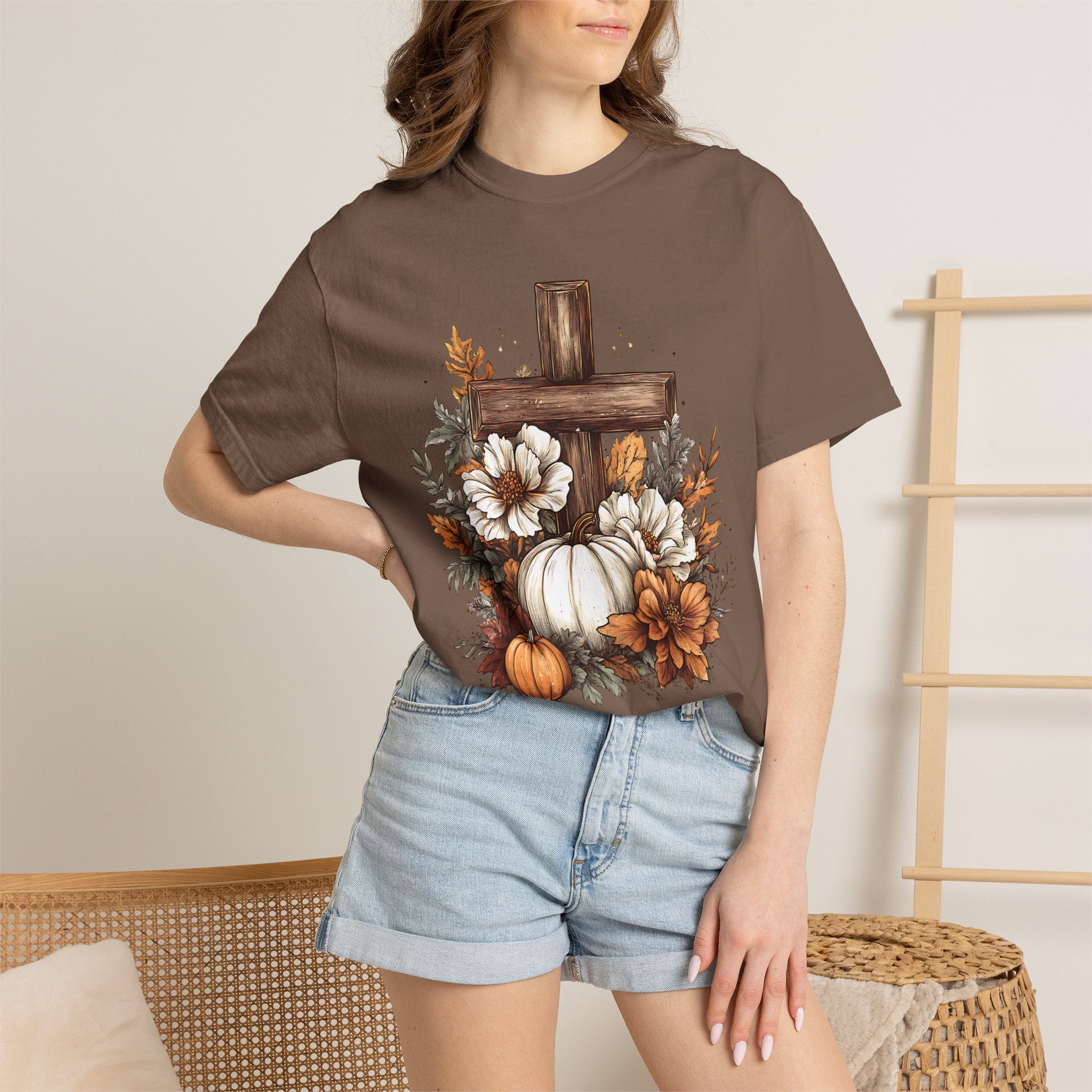 Faithful Fall Cross T-Shirt — Pumpkin & Floral Autumn Christian Tee. Midnight Eye, LLC