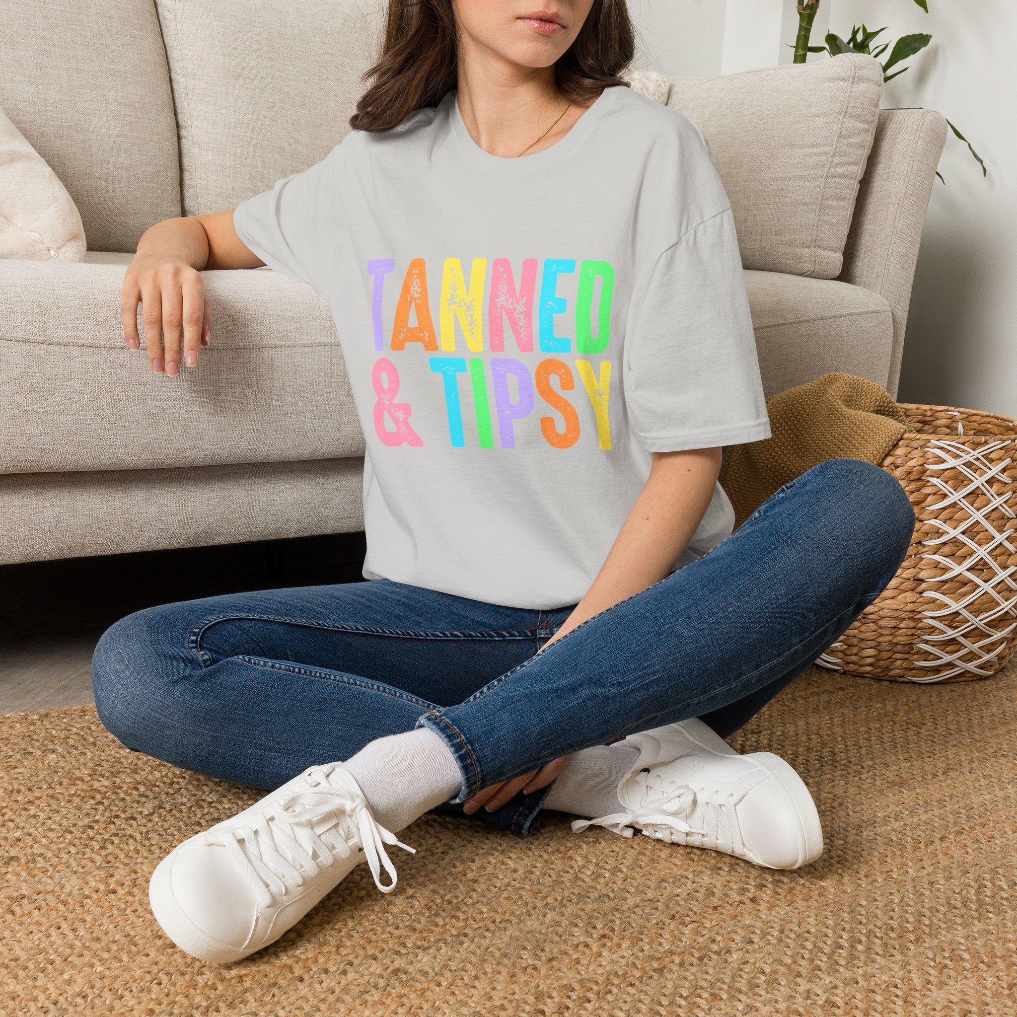 Tanned & Tipsy Beach Vacation T-Shirt - Colorful Vacation T-Shirt - Funny Summer Tee. Midnight Eye, LLC.