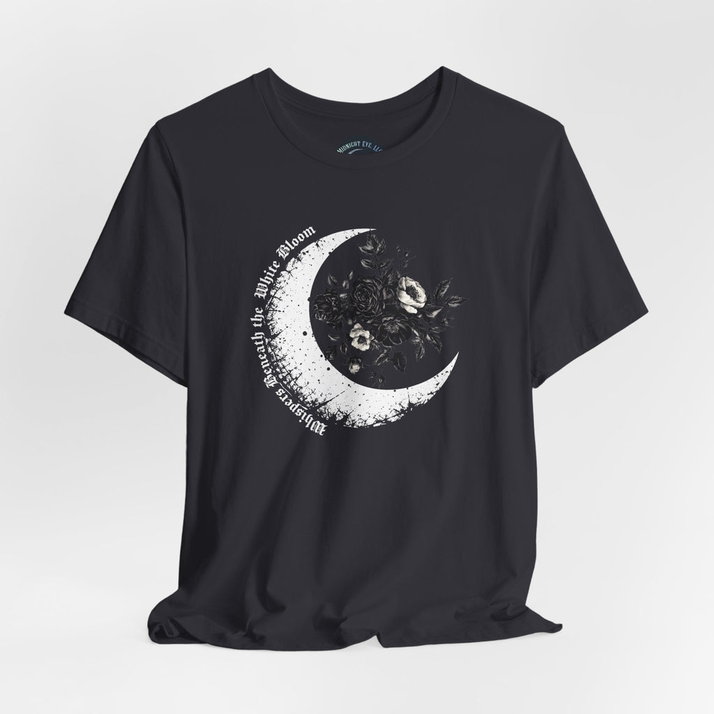 Moonflower Moon Tee — Floral Crescent Moon Graphic T-Shirt - Gothic Moon & Flowers Tee. Midnight Eye, LLC