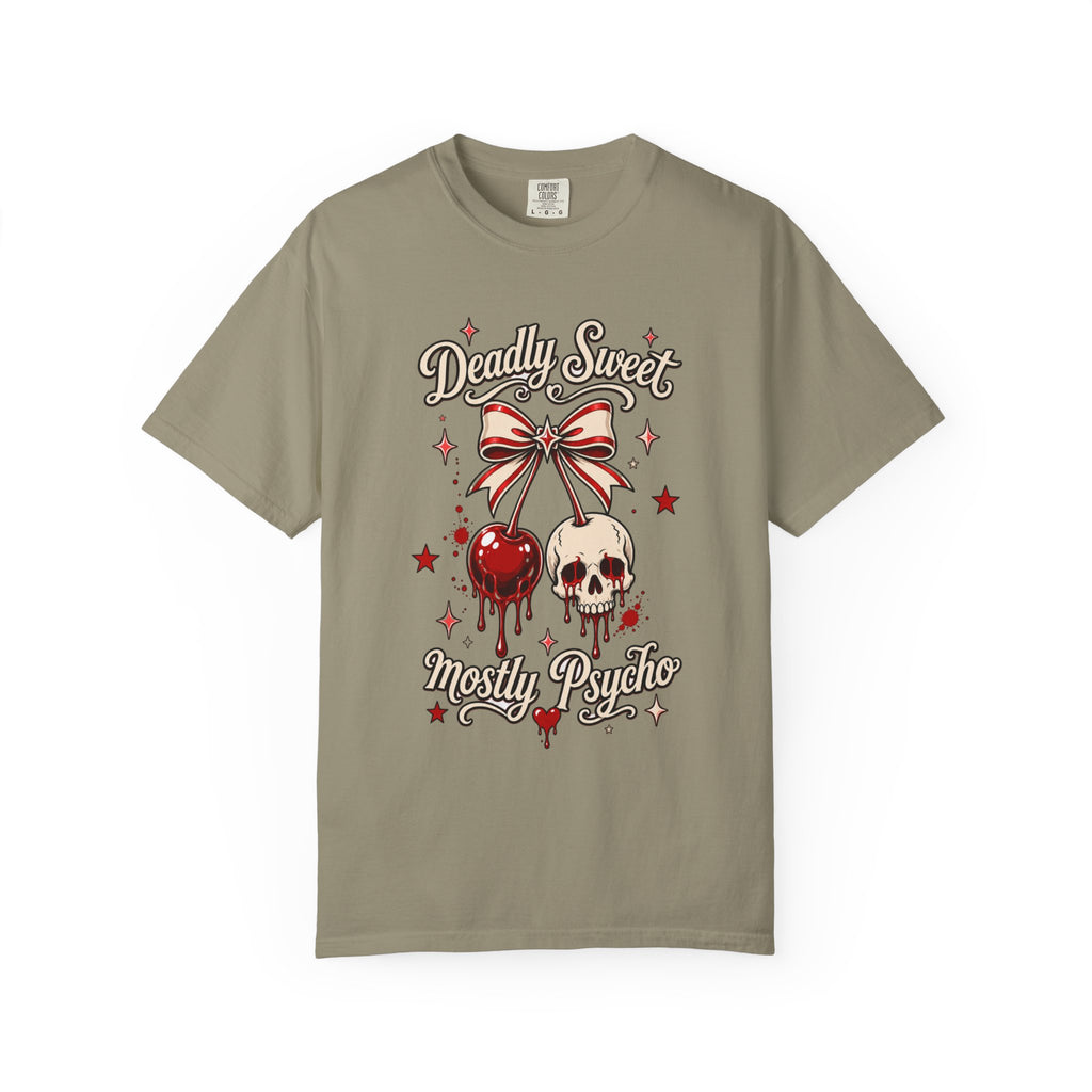 Deadly Sweet Mostly Psycho Graphic T-Shirt - Retro Tee. Midnight Eye, LLC