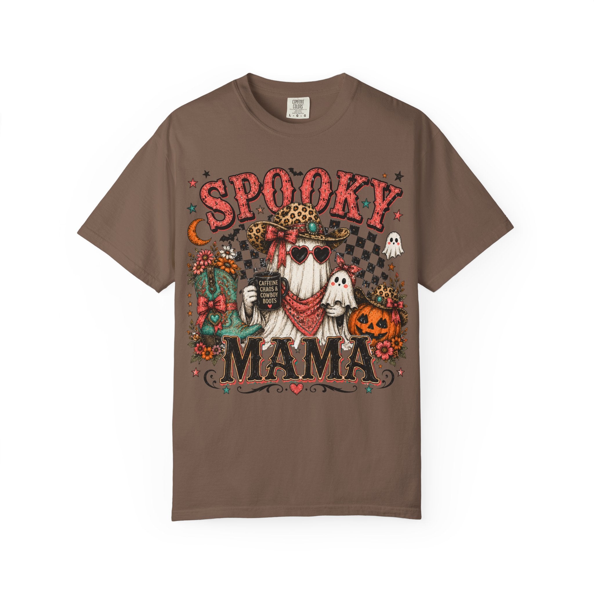 Spooky Mama T-Shirt — Vintage Halloween Ghosts & Pumpkin Graphic. Midnight Eye, LLC