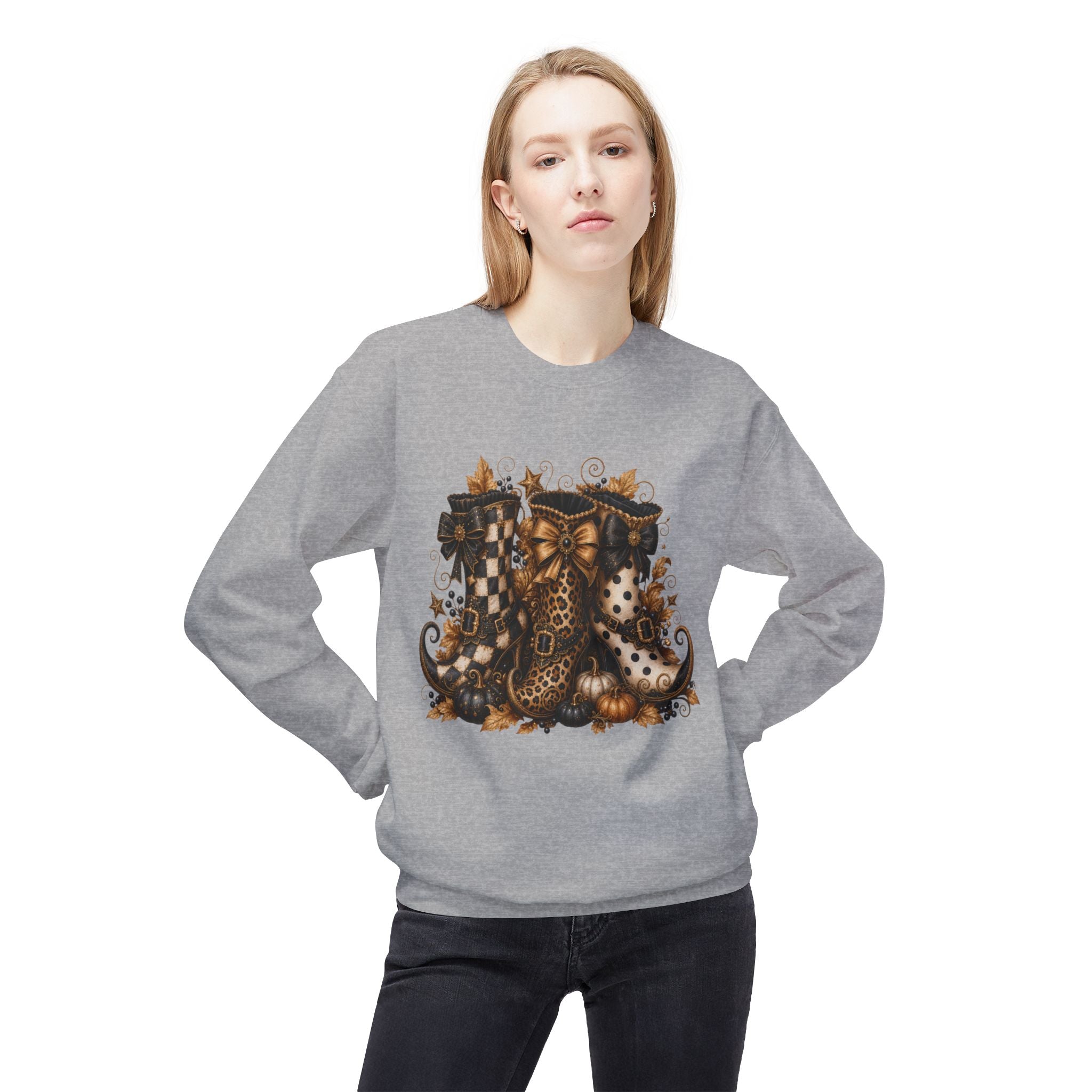 Halloween Boots Crewneck Sweatshirt — Autumn Witchy Vintage Goth Boot Trio Design