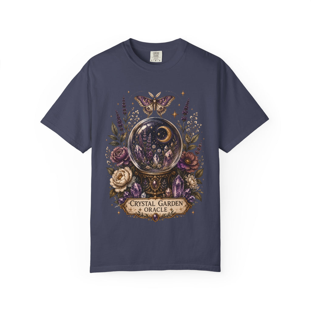 Crystal Garden Oracle T-Shirt — Mystical Moon & Crystal Ball Graphic Tee. Midnight Eye, LLC