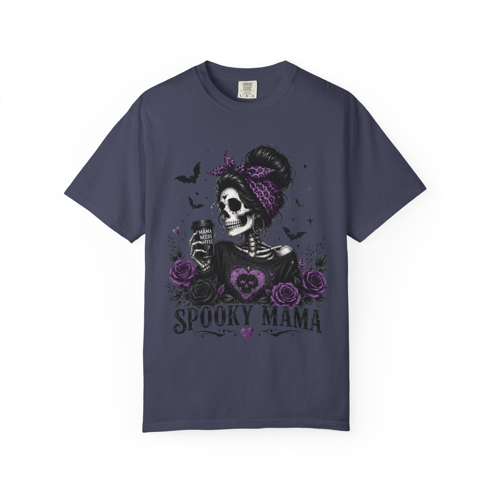Spooky Mama T-Shirt — Gothic Skull  and Bats Mom Tee with Purple Roses. Midnight Eye, LLC. 