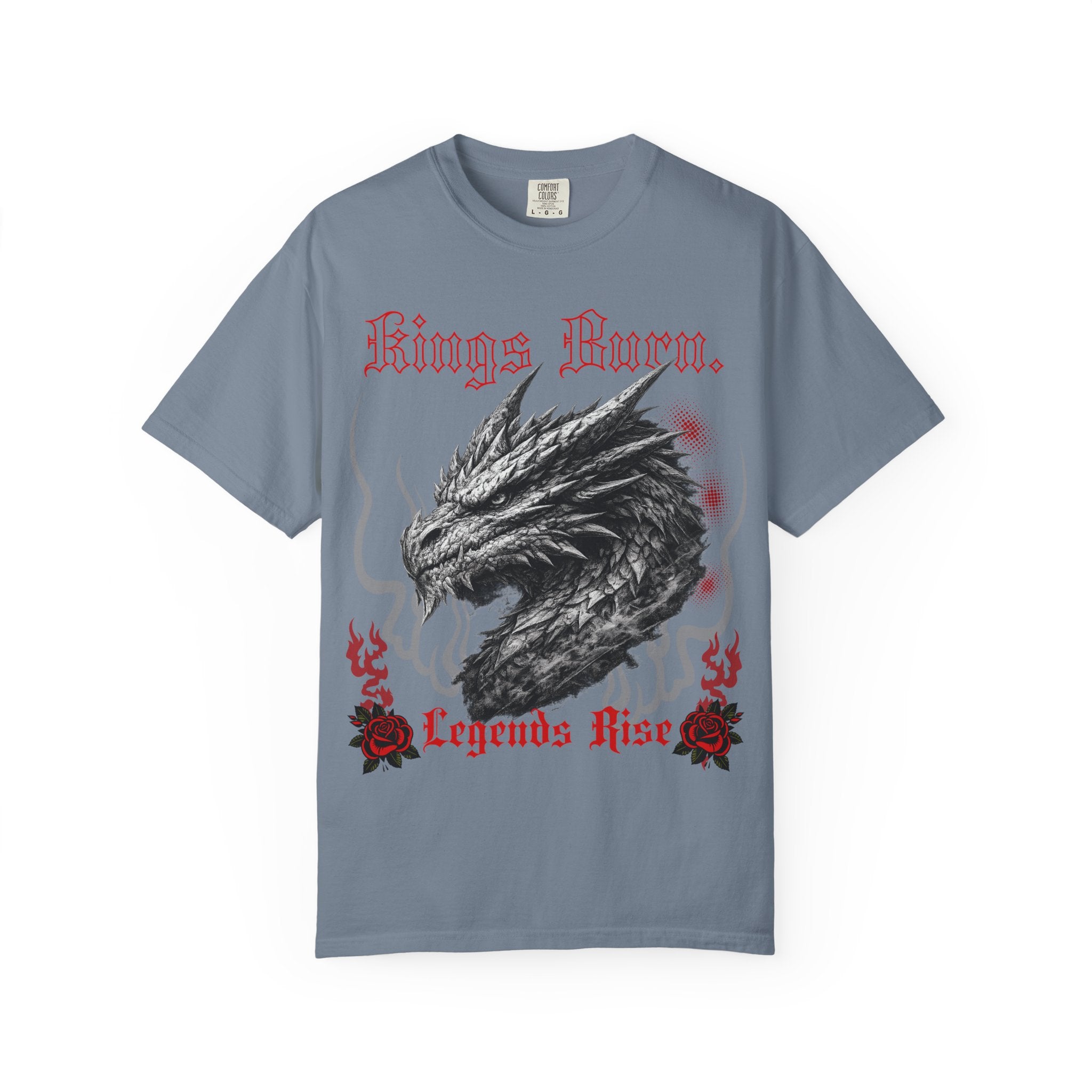 Dragon Head T-Shirt — "Kings Burn. Legends Rise." Red Rose Tattoo Graphic T-Shirt. Midnight Eye, LLC.