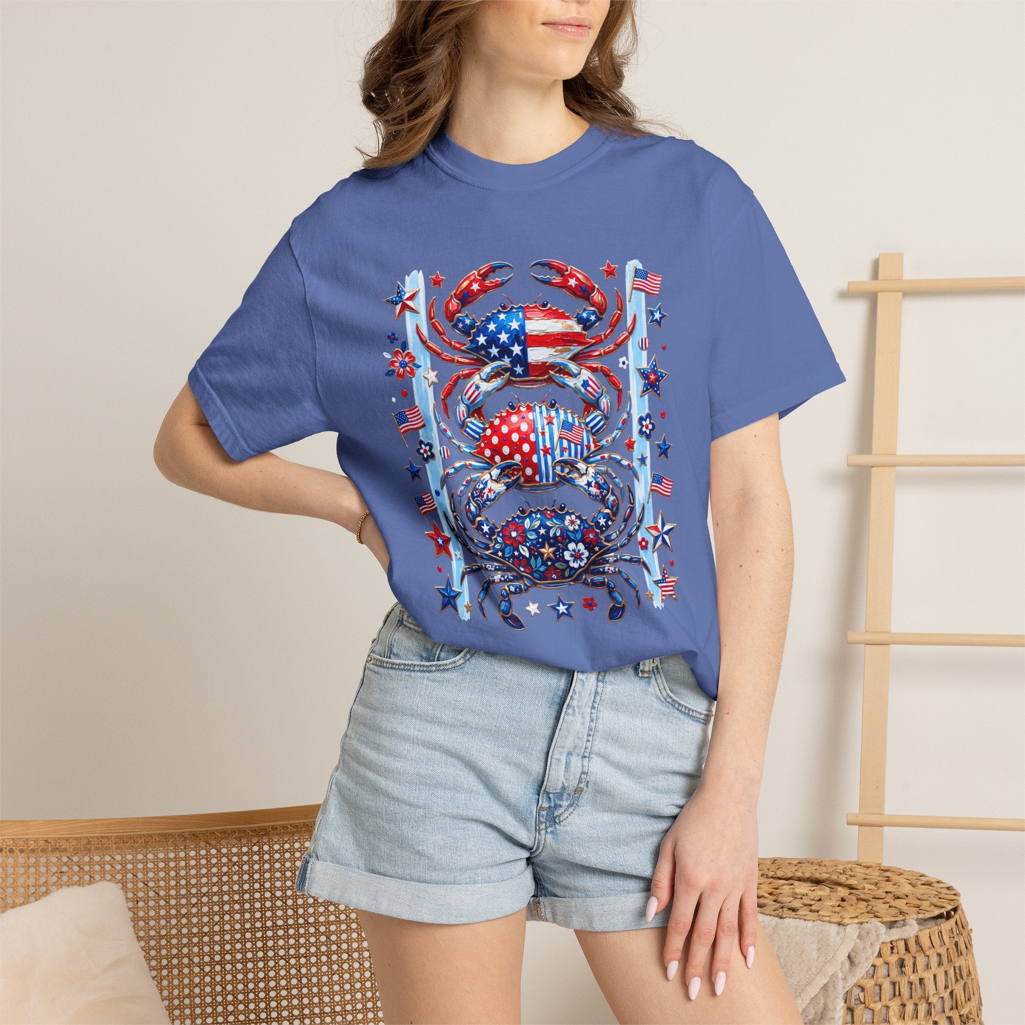 Patriotic Crab T-Shirt — Red White Blue Fourth of July Tee - Faux Brushstroke Graphic Tee - Midnight Eye, LLC