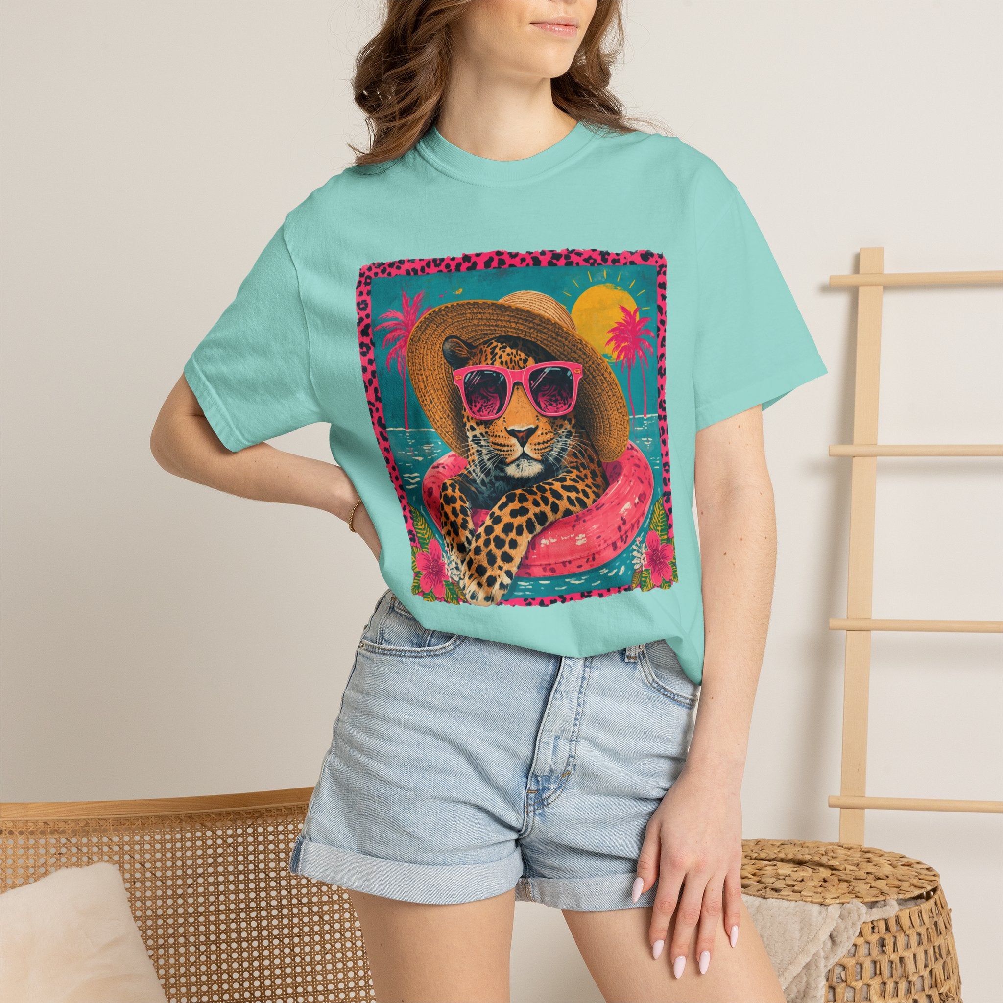 T-Shirt — Tropical Leopard in Sunglasses Summer Graphic - Sassy Vacation T-Shirt. Midnight Eye, LLC.