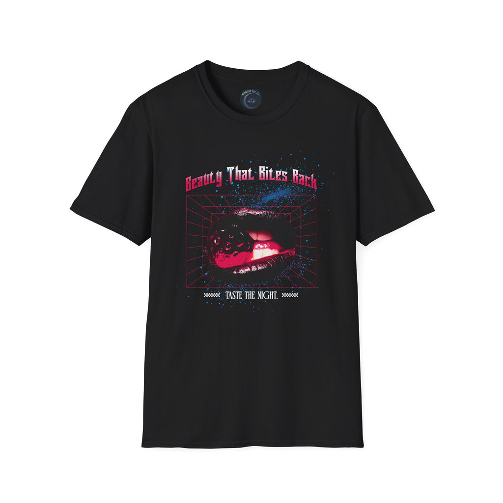 Retro Cyberpunk T-Shirt — "Beauty That Bites Back" Black Lips Tee - Goth Vintage T-Shirt - Dark Aesthetic Tee - Midnight Eye, LLC