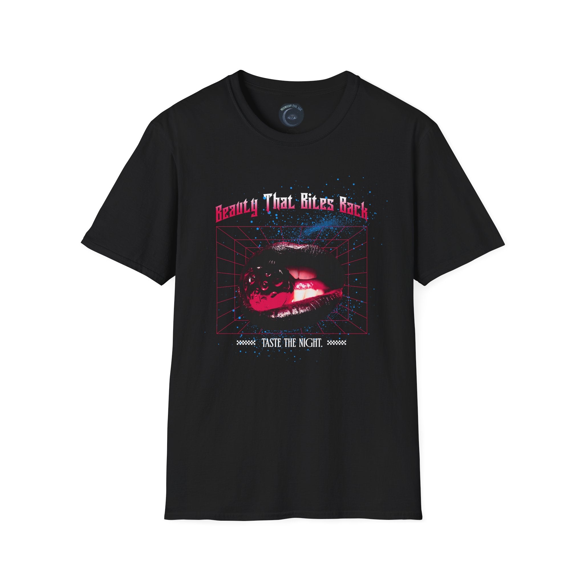Retro Cyberpunk T-Shirt — "Beauty That Bites Back" Black Lips Tee - Goth Vintage T-Shirt - Dark Aesthetic Tee - Midnight Eye, LLC