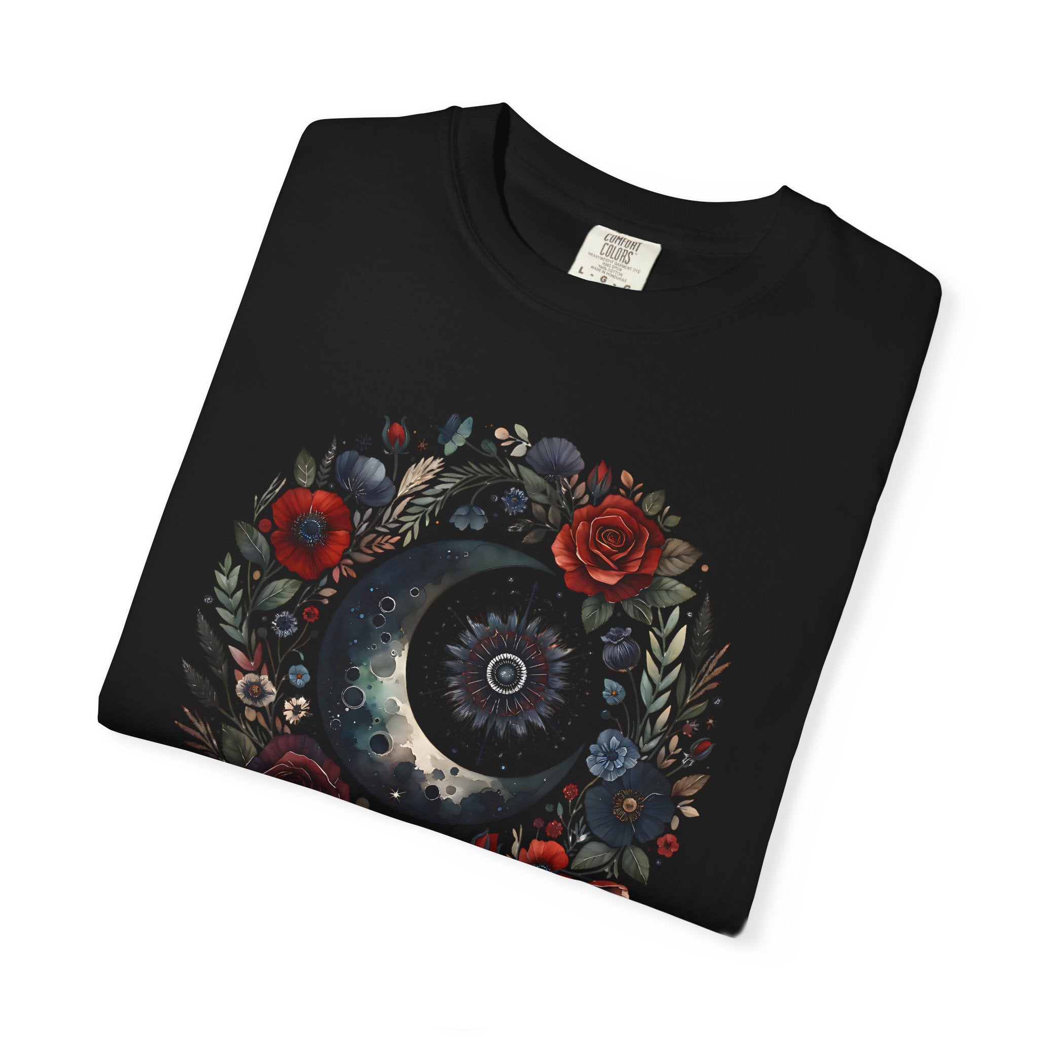 Mystical Moon T-Shirt — “Stay Mystical” Floral Crescent Tee - Dark Aesthetic T-Shirt - Midnight Eye, LLC
