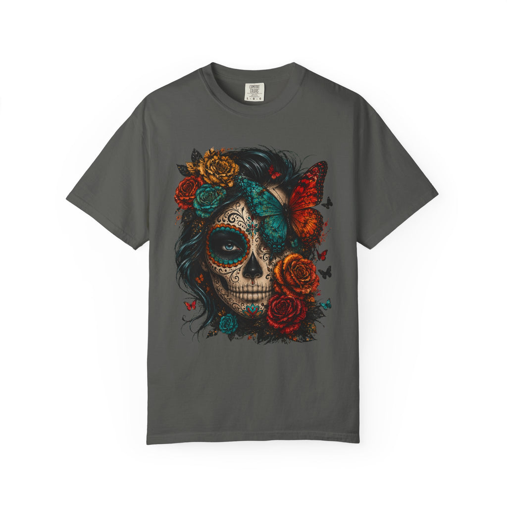 Day of the Dead Sugar Skull T-Shirt — Floral Calavera Graphic Tee. Midnight Eye, LLC.