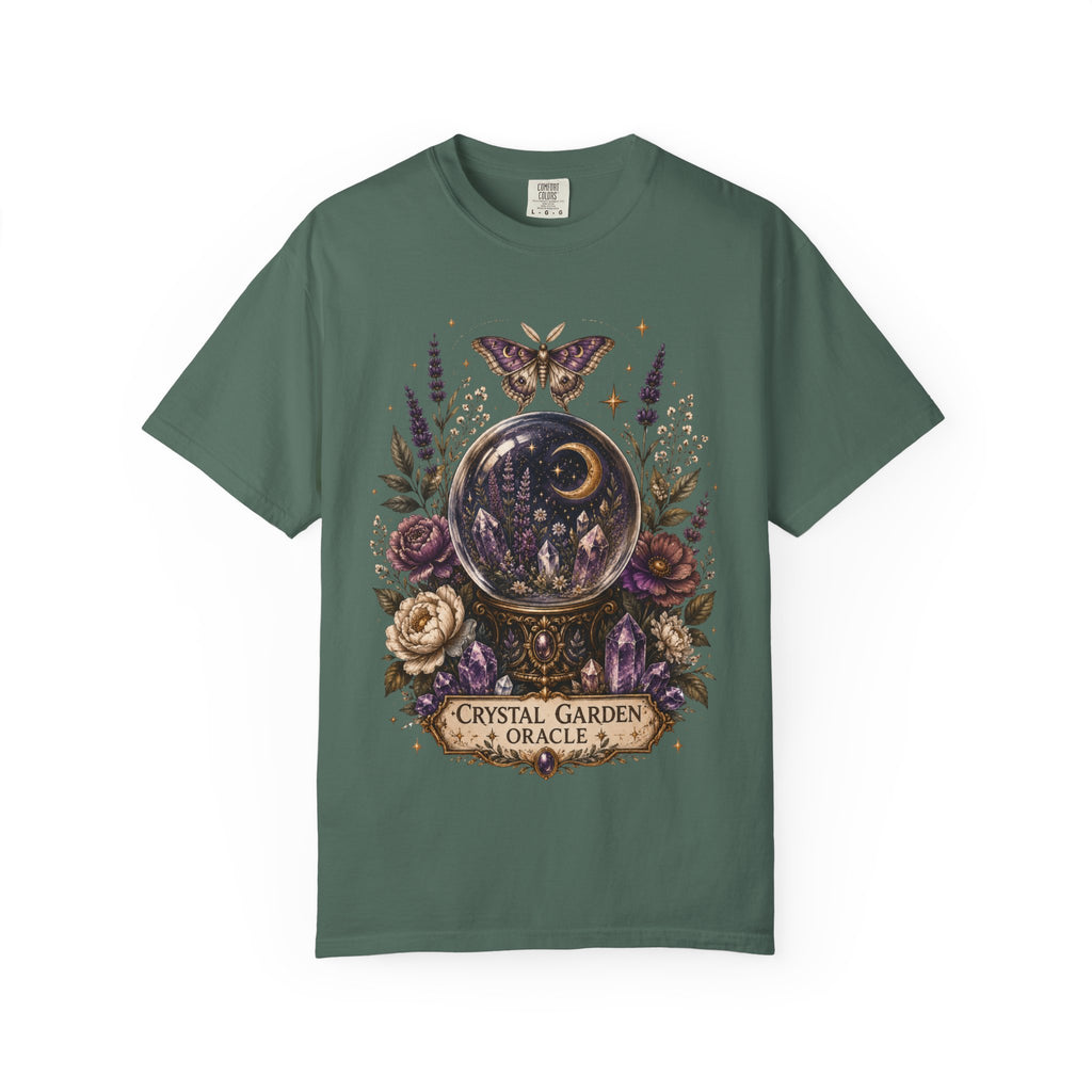 Crystal Garden Oracle T-Shirt — Mystical Moon & Crystal Ball Graphic Tee. Midnight Eye, LLC