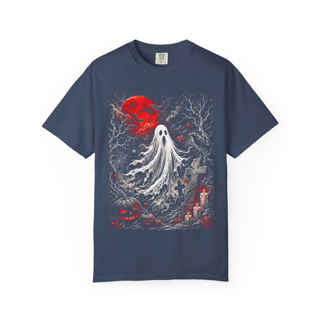Halloween Ghost T-Shirt — Spooky Graveyard Design with Red Moon. Midnight Eye, LLC.
