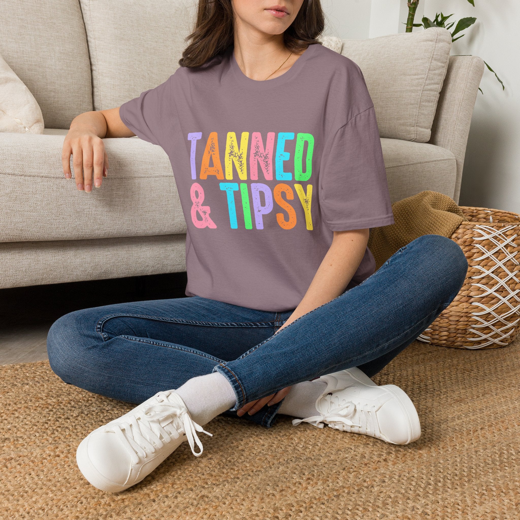 Tanned & Tipsy Beach Vacation T-Shirt - Colorful Vacation T-Shirt - Funny Summer Tee. Midnight Eye, LLC.