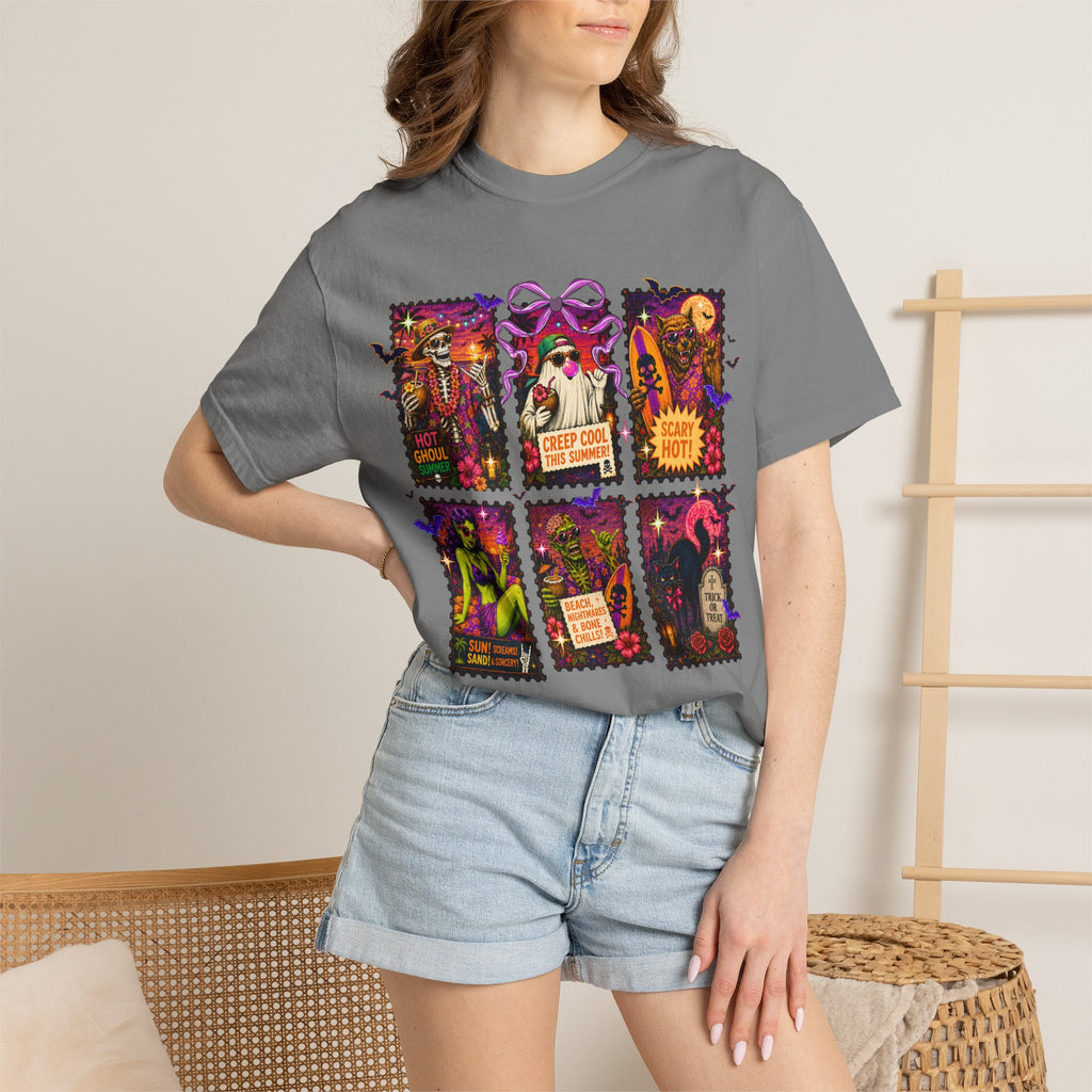 Halloween Horror Stamps T-Shirt — Vintage Spooky Postage Collage. Midnight Eye, LLC.