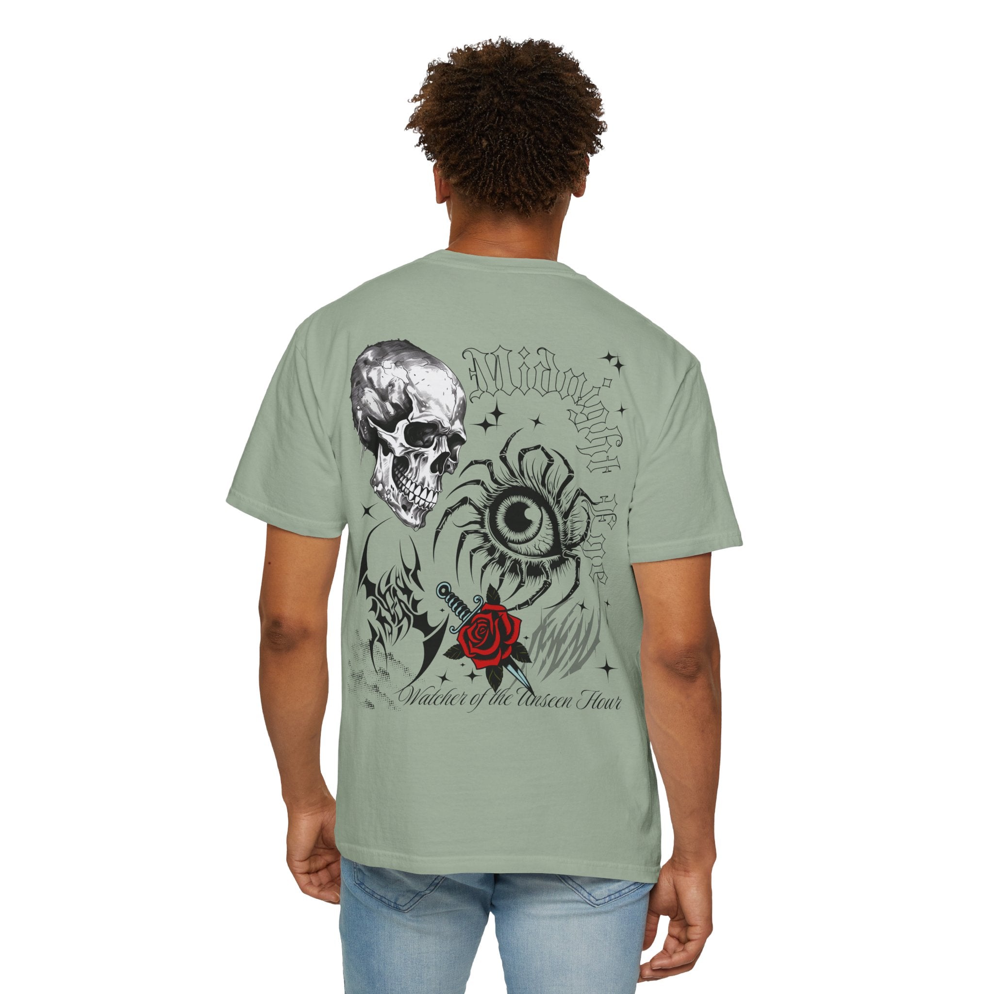 Graphic Skull & Red Rose Gothic T‑Shirt - Edgy Streetwear T-Shirt - Vintage Tee - Dark Aesthetic Tee - Midnight Eye, LLC