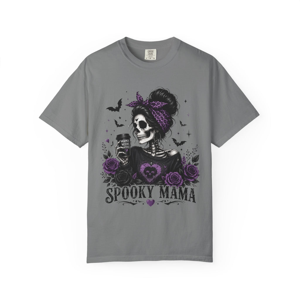 Spooky Mama T-Shirt — Gothic Skull  and Bats Mom Tee with Purple Roses. Midnight Eye, LLC. 