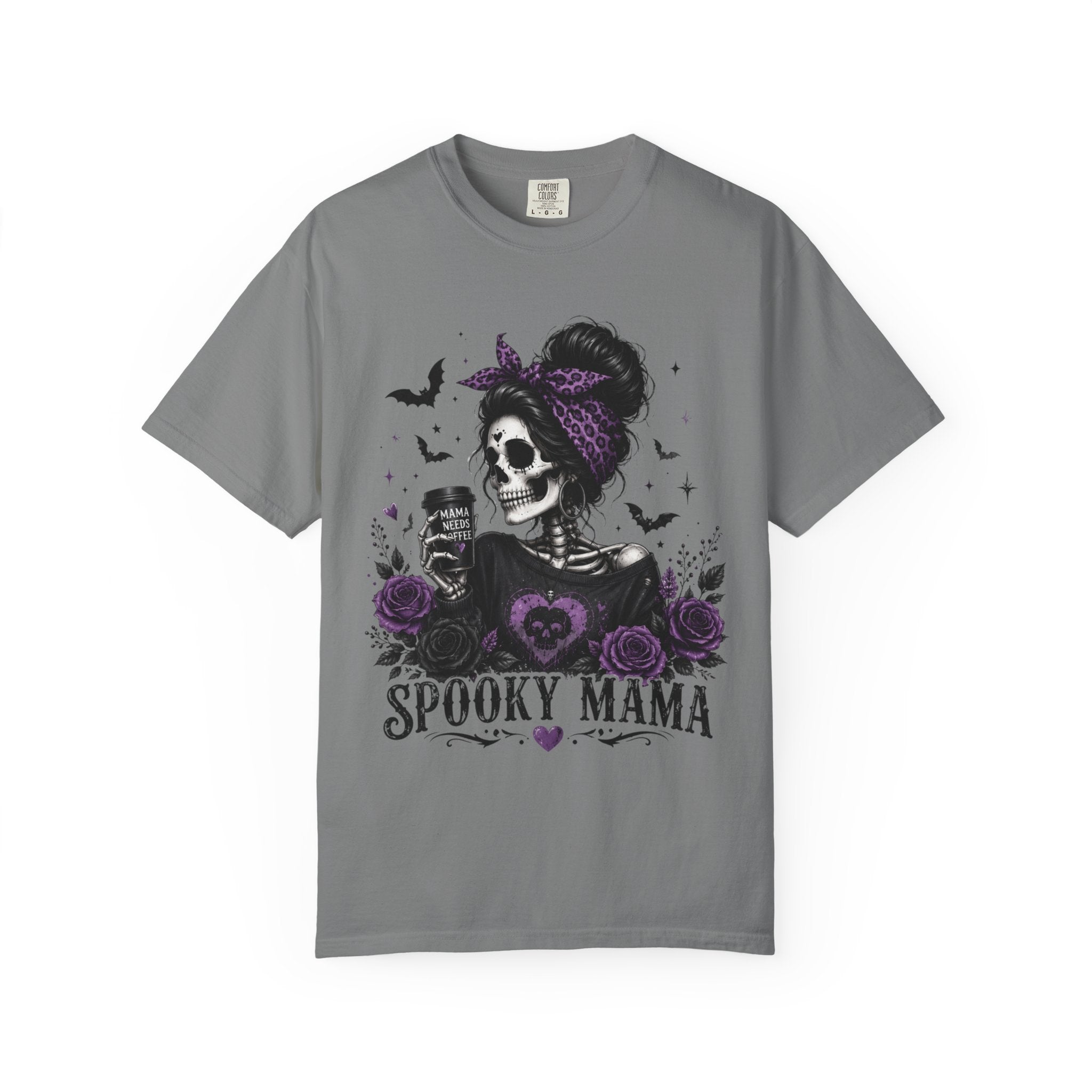 Spooky Mama T-Shirt — Gothic Skull  and Bats Mom Tee with Purple Roses. Midnight Eye, LLC. 