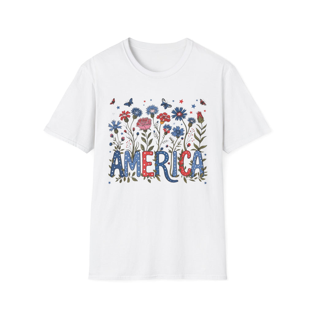 America Floral T‑Shirt — Patriotic Red, White & Blue Garden Graphic Tee - 4th of July T-Shirt - Midnight Eye, LLC
