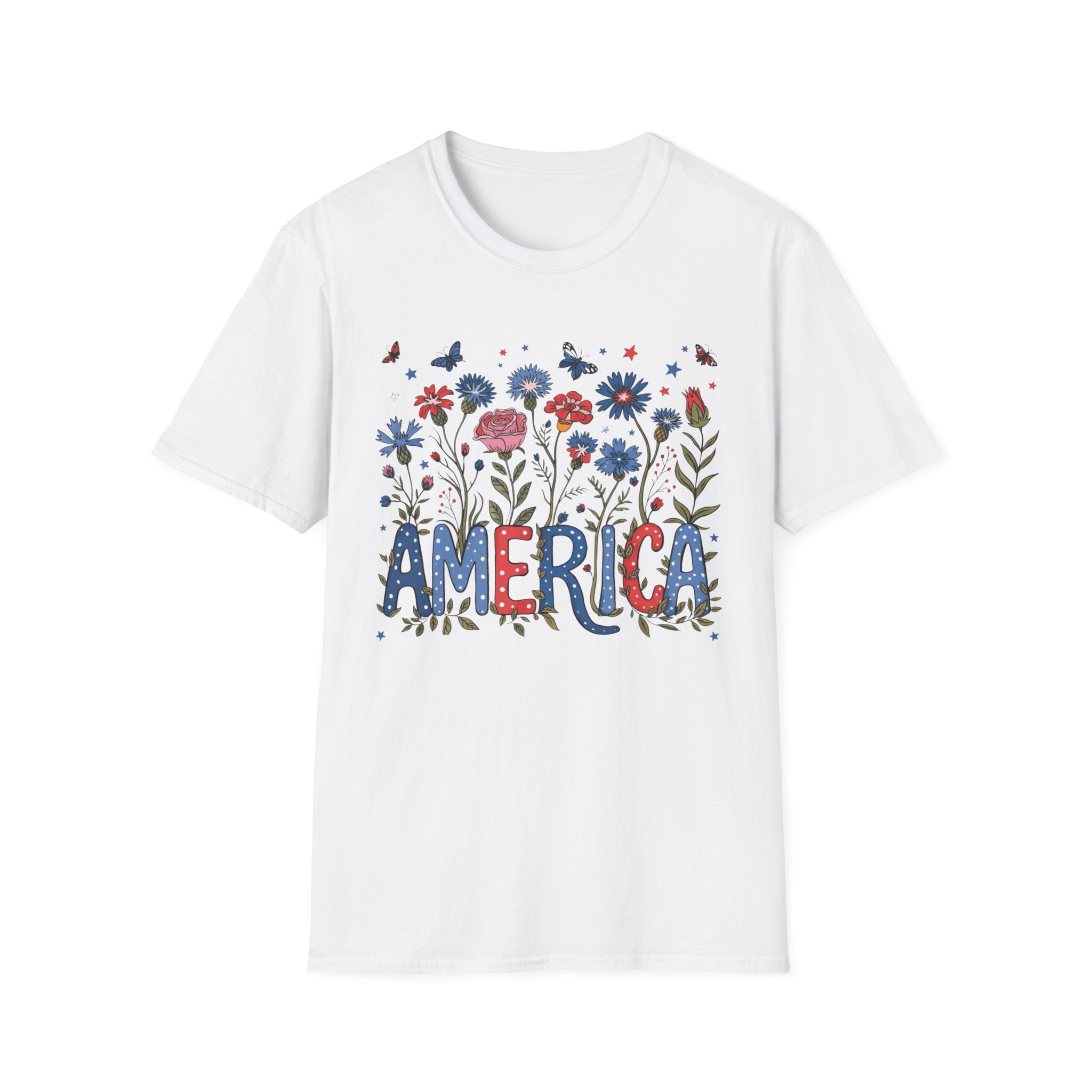 America Floral T‑Shirt — Patriotic Red, White & Blue Garden Graphic Tee - 4th of July T-Shirt - Midnight Eye, LLC