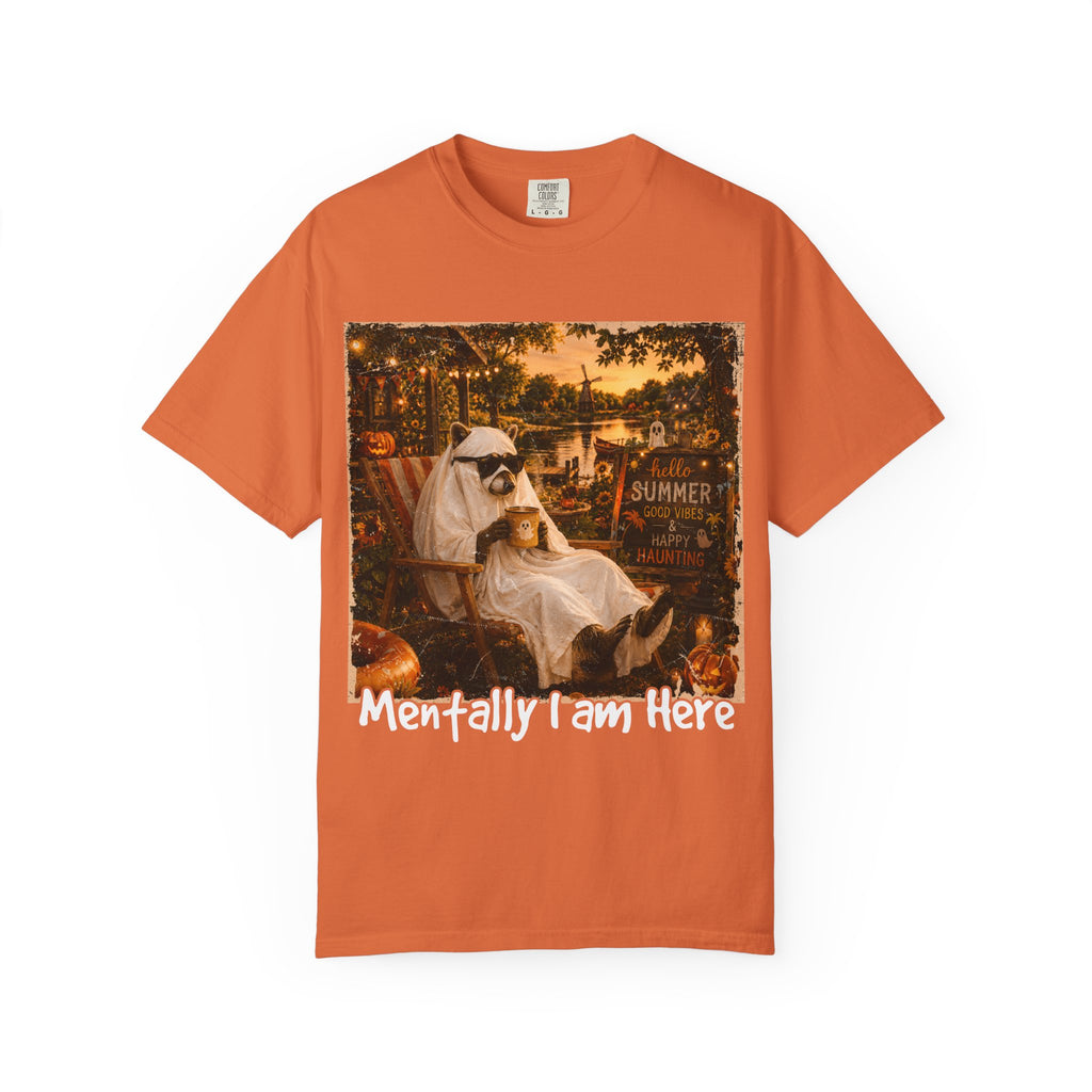 Mentally I Am Here Beach Racoon T-Shirt - Ghost Racoon Summerween Tee